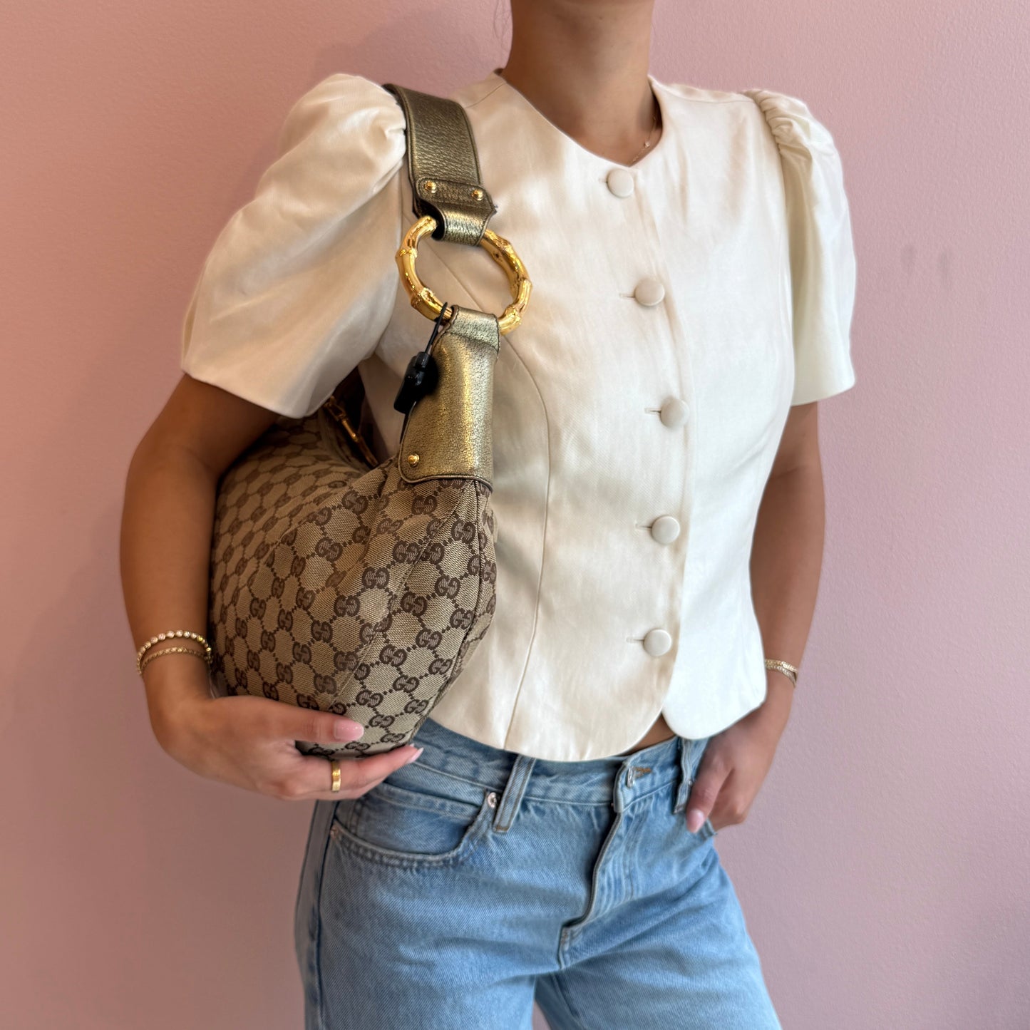 Gucci Brown & Metallic Olive Canvas & Leather Monogram Shoulder Bag