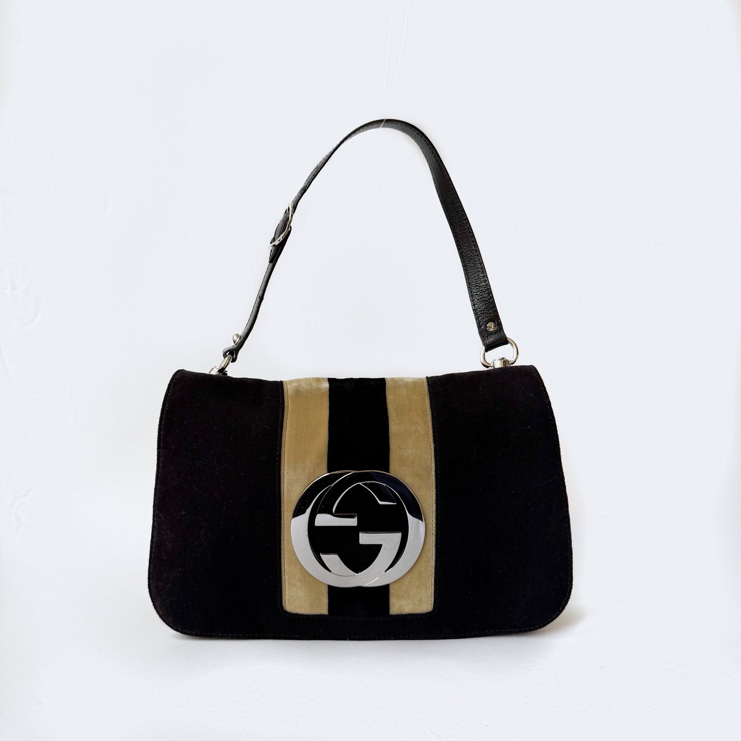 Gucci Black Velour & Leather Web Blondie Flap