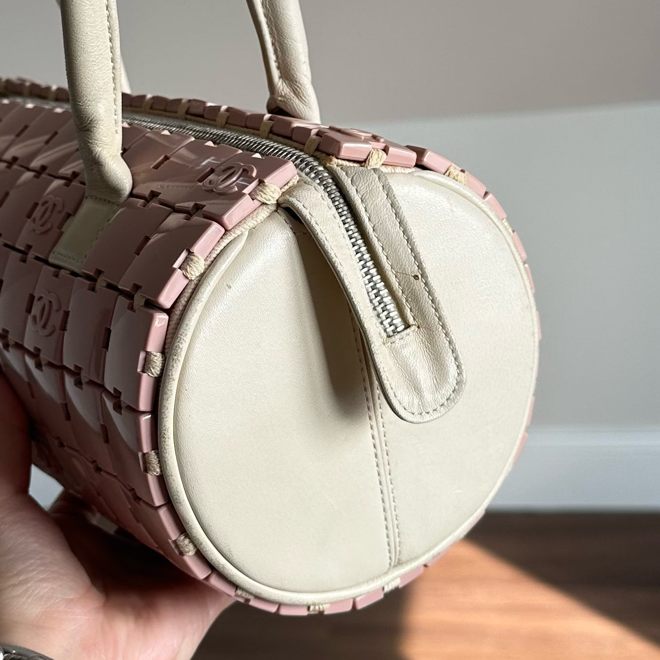 RARE Chanel Pink Puzzle Tiles Logo Barrel Cylinder Bag