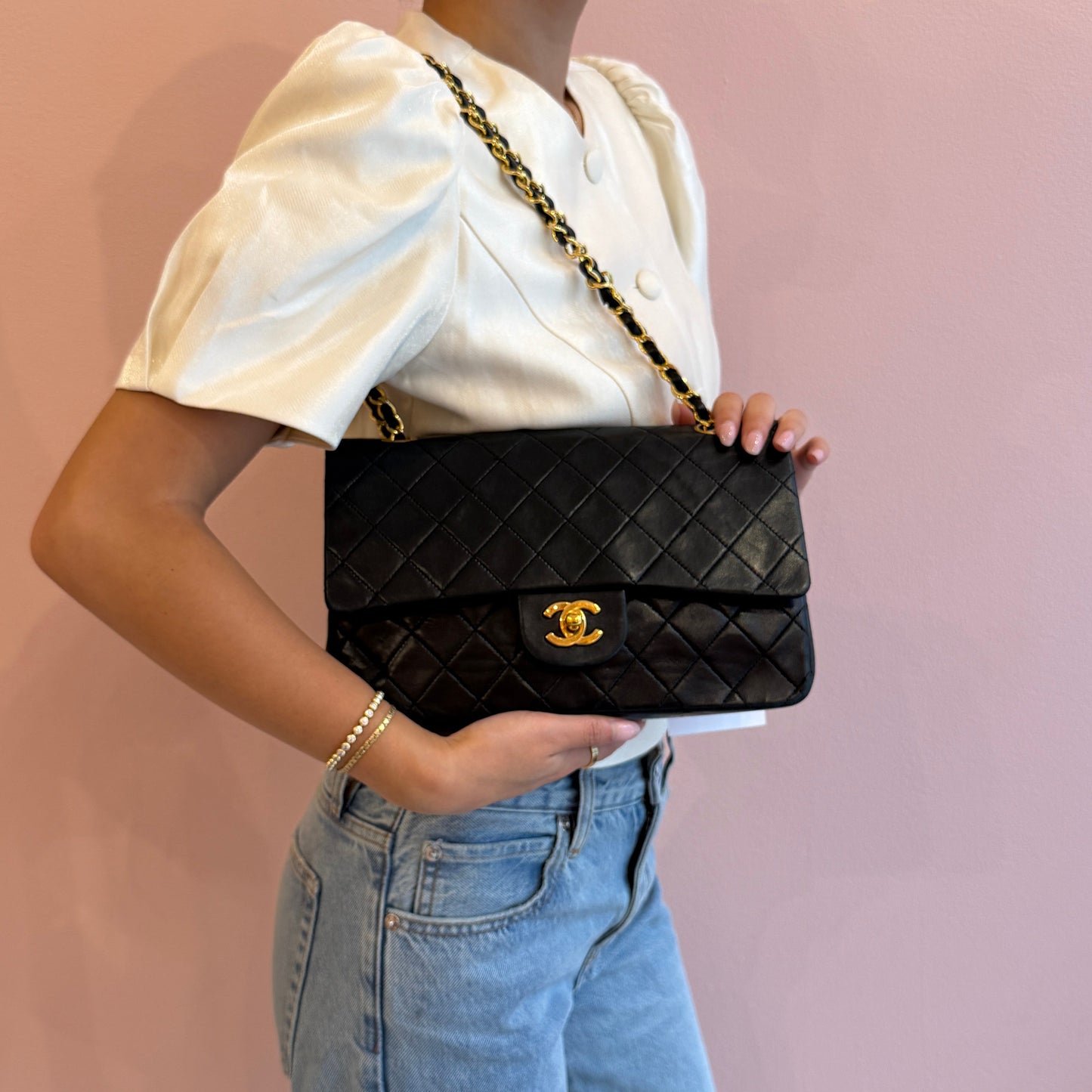 Chanel Vintage Black Lambskin Leather Quilted Matelasse Classic Double Flap