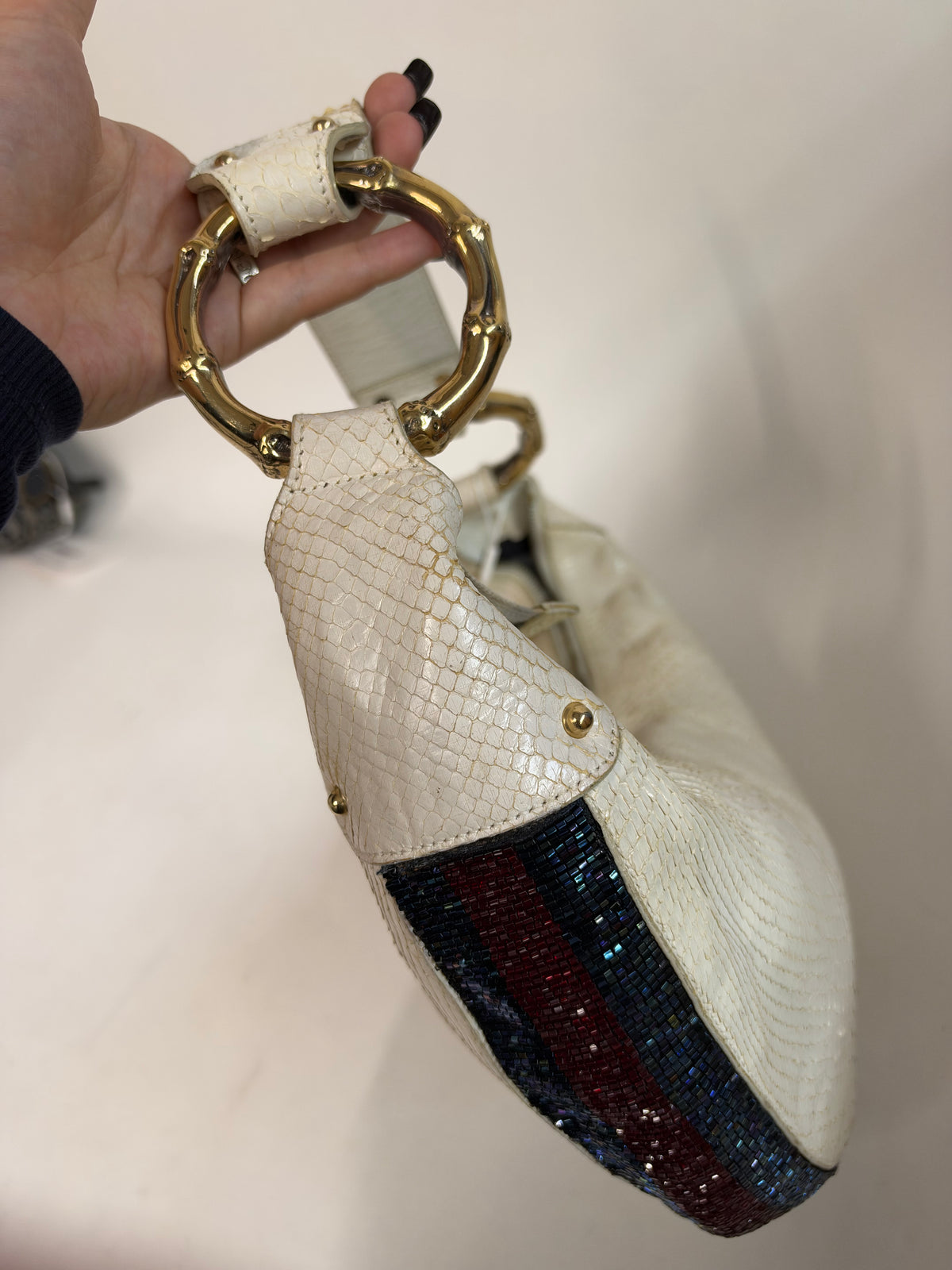 RARE Gucci White Python & Beaded Web Trim Bamboo Hardware Shoulder Bag