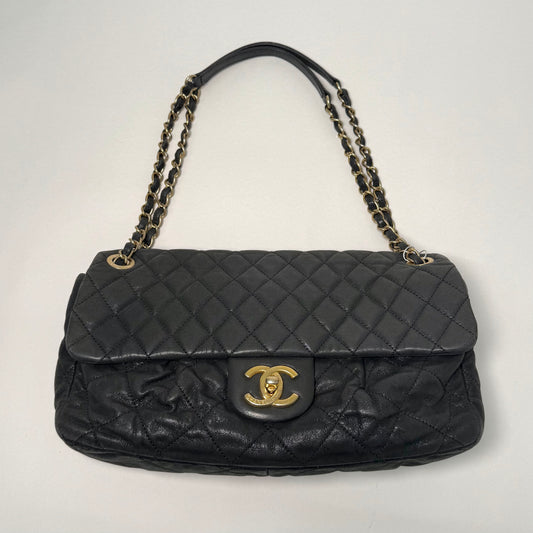 Chanel Dark Gunmetal Shiny Lambskin Flap Shoulder Bag w/ Chain Strap