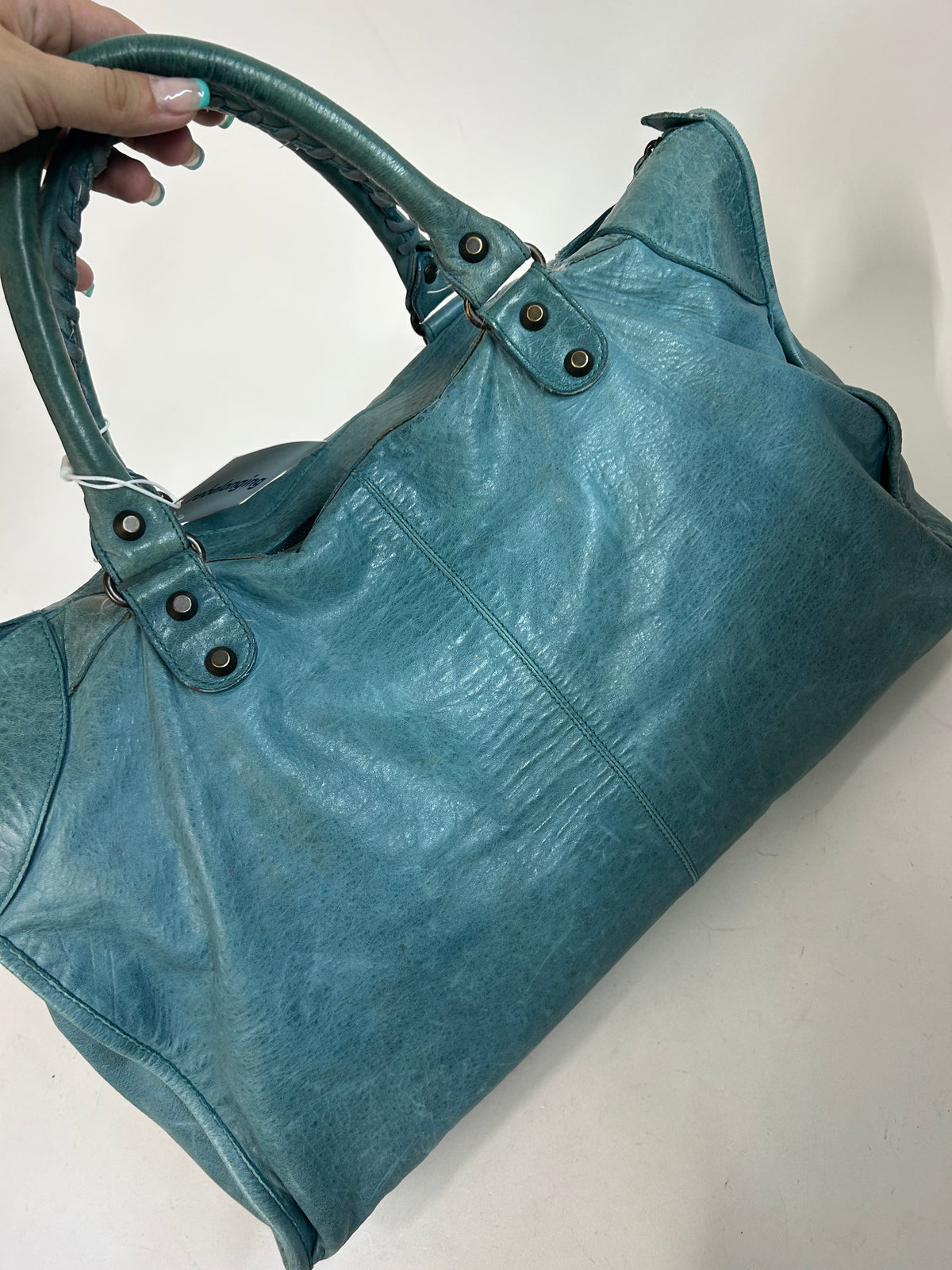 Balenciaga Teal Leather "Work" City Bag Brass HW