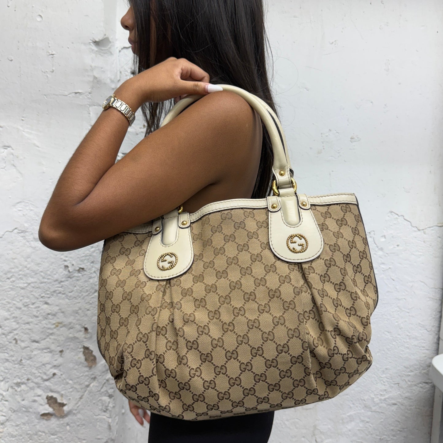 Gucci Brown & Beige Monogram Canvas & Leather Scarlet Tote