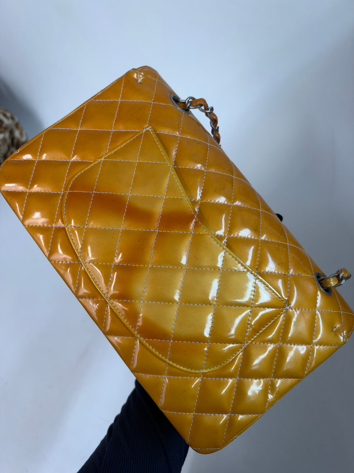 Chanel Orange Patent Leather Quilted Matelasse Double Flap Shoulder Bag