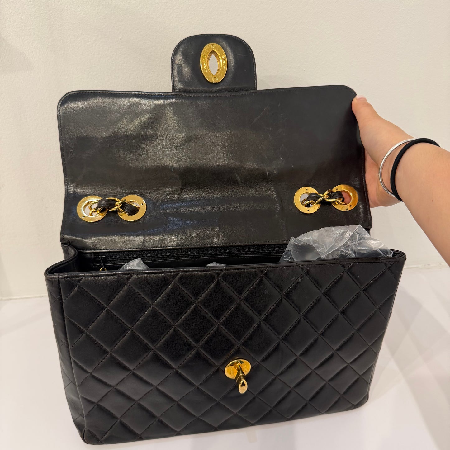Chanel 24KGP Black Lambskin Leather Matelasse Jumbo Bag