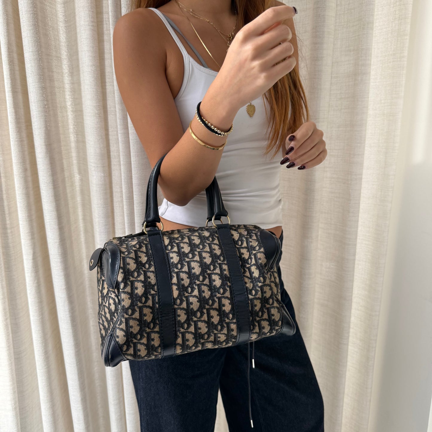 Christian Dior Navy Trotter Canvas Small Boston Bag