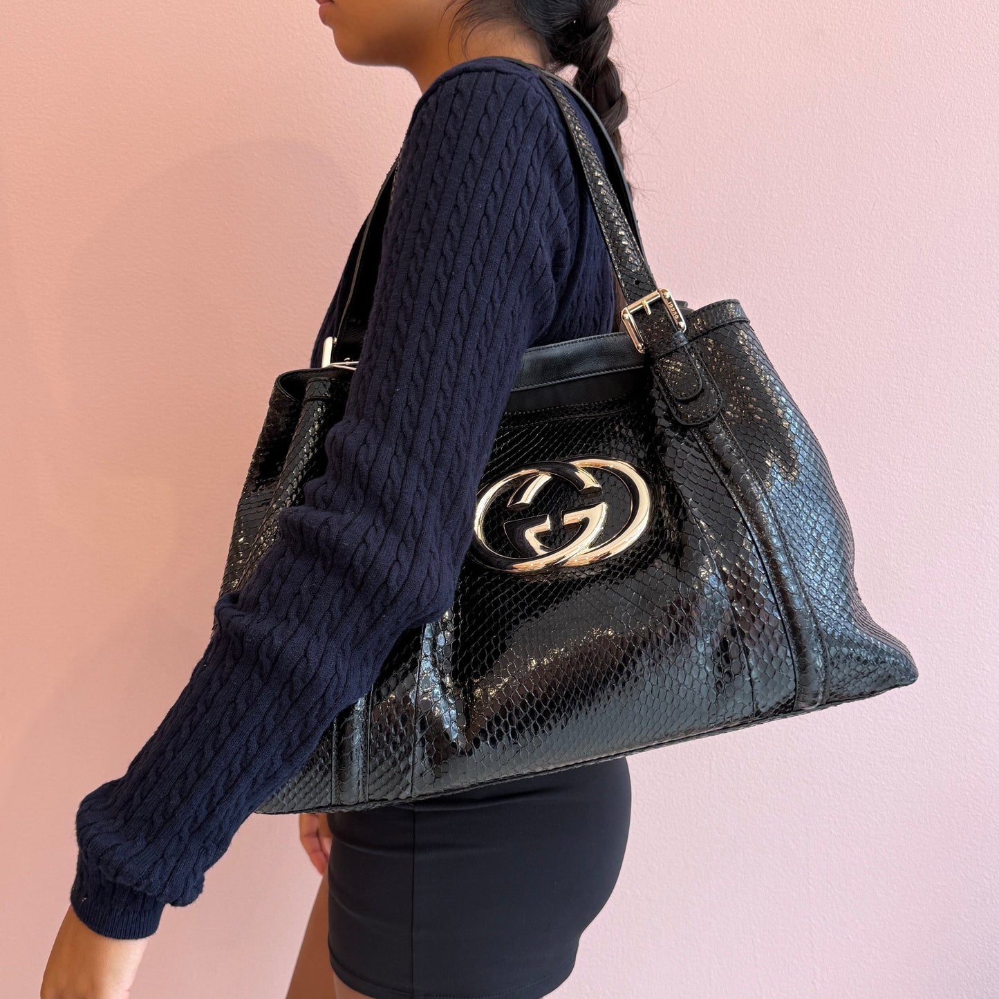 Gucci Black Python Leather Shoulder Bag