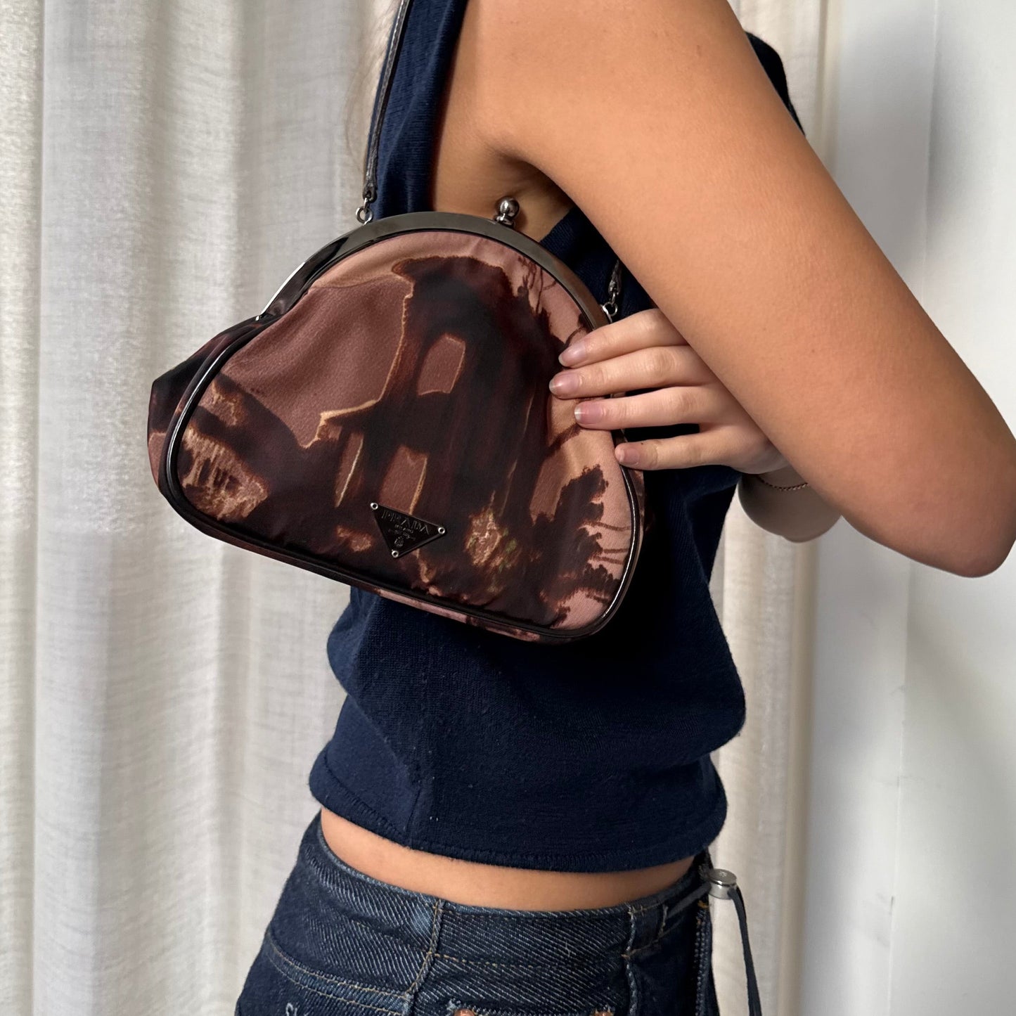 Prada Brown Multicolor Satin Mini Clutch Bag