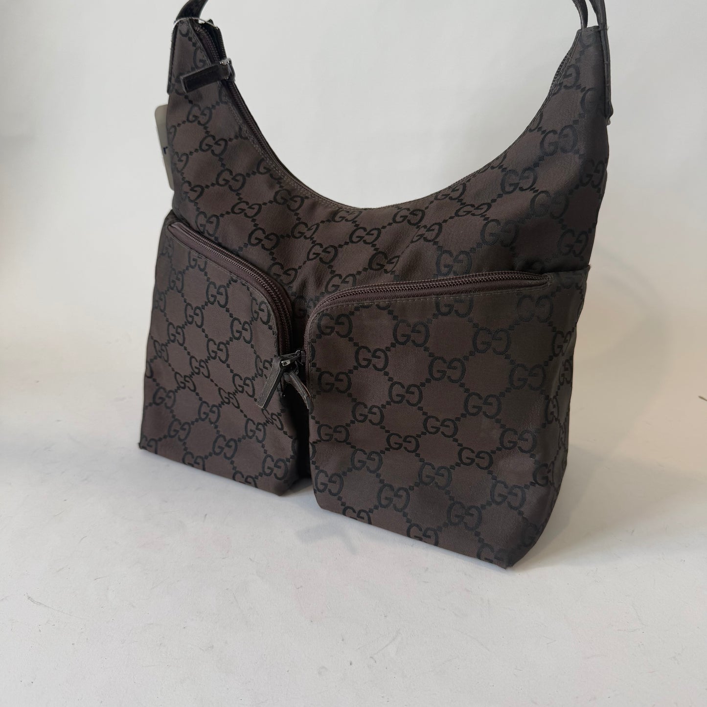 Gucci Dark Brown Nylon Monogram Double Front Pocket Tote Bag