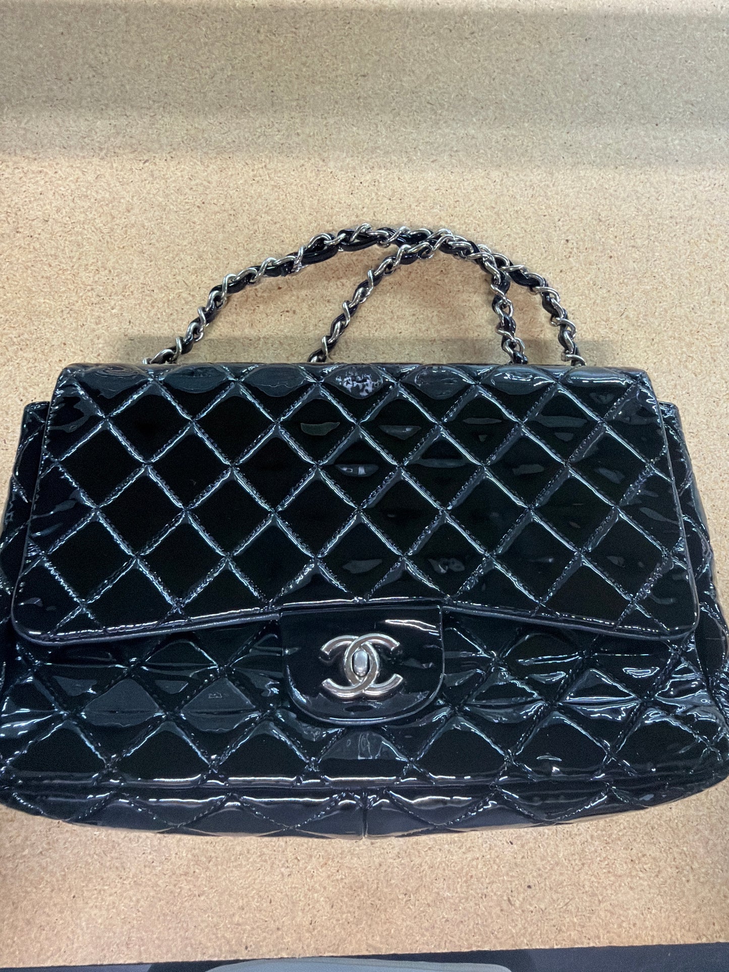 Chanel Black Patent Leather Quilted Jumbo Single Flap SHW