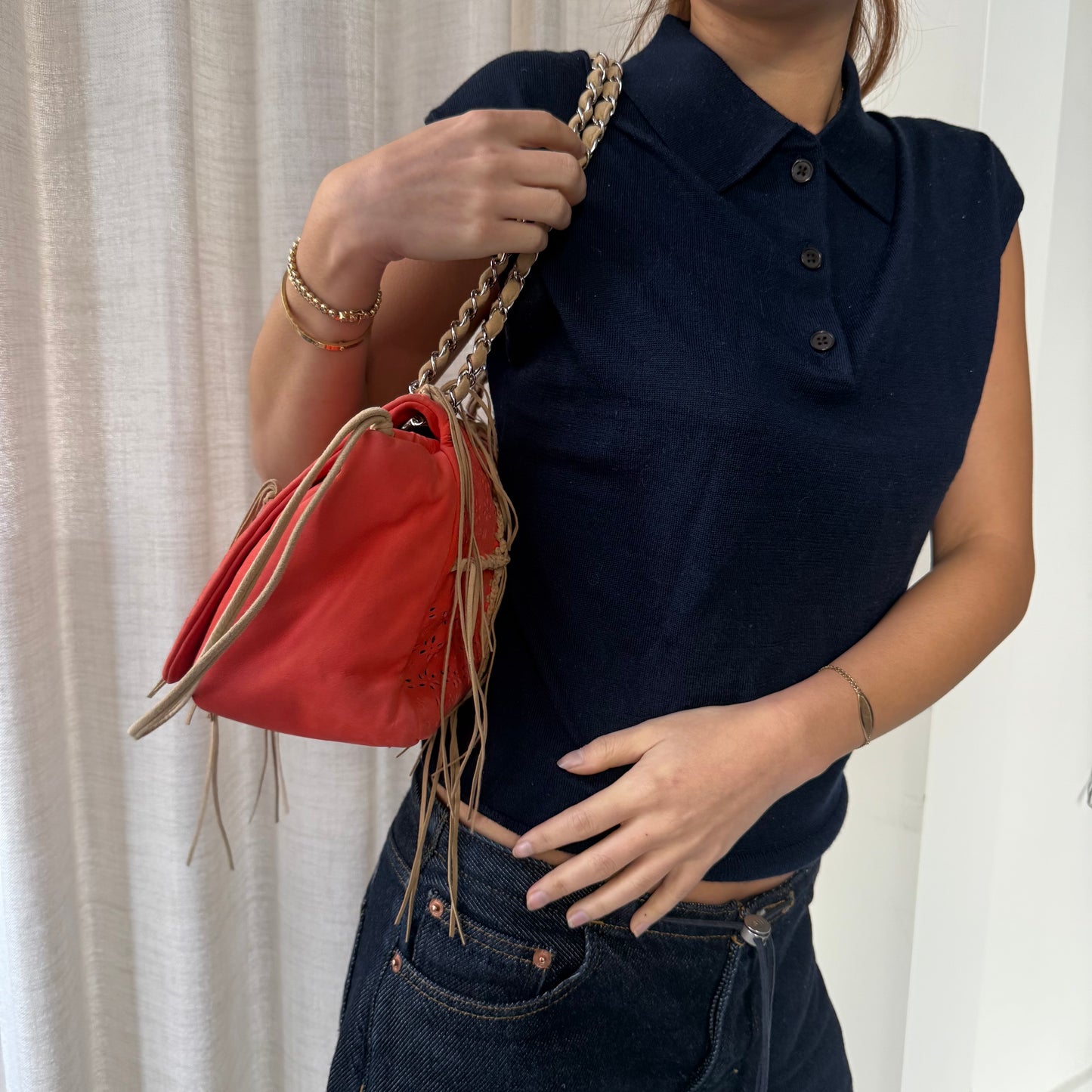 Chanel Orange Suede Perforated Fringe Flap Shoulder Bag