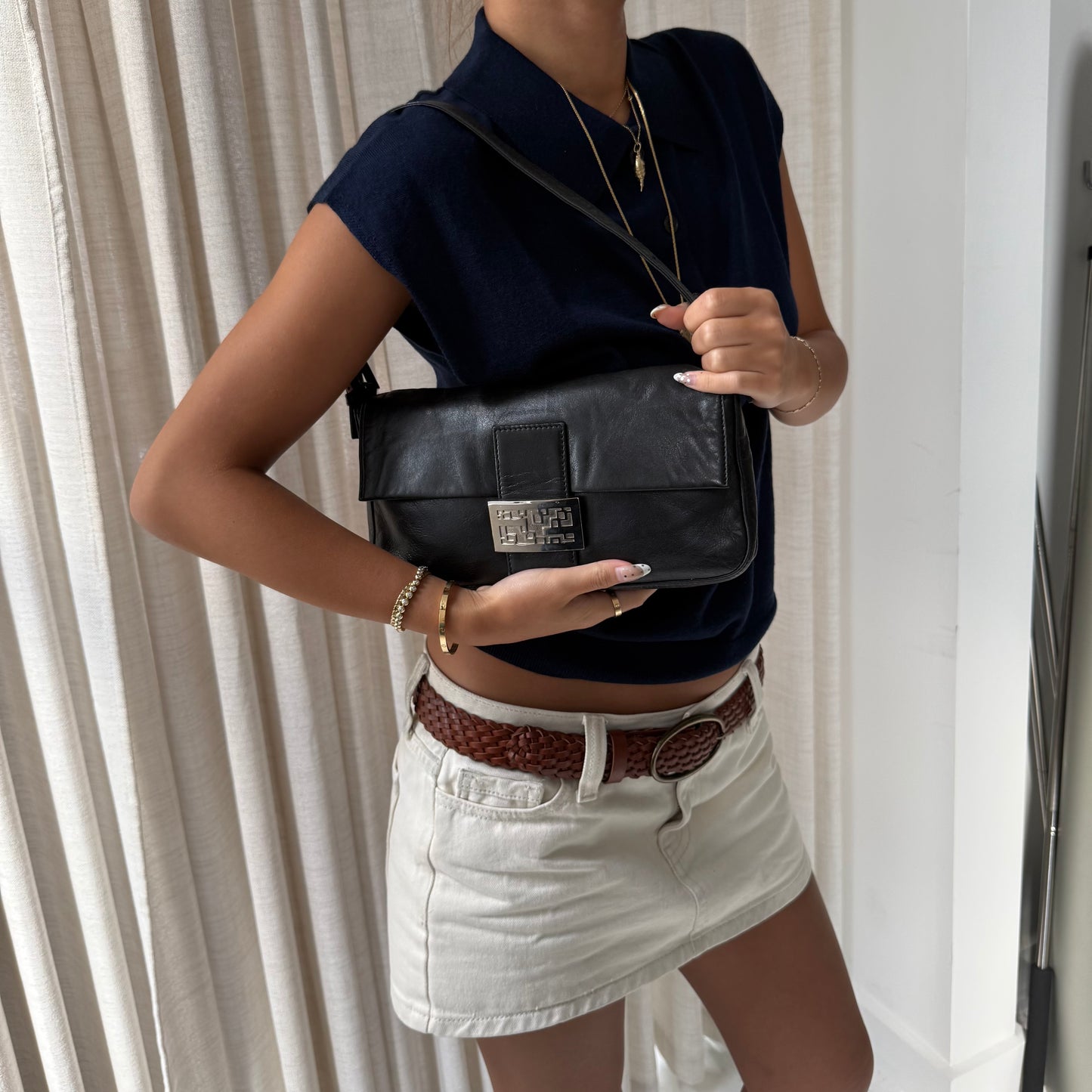 Fendi Black Leather Baguette Shoulder Bag