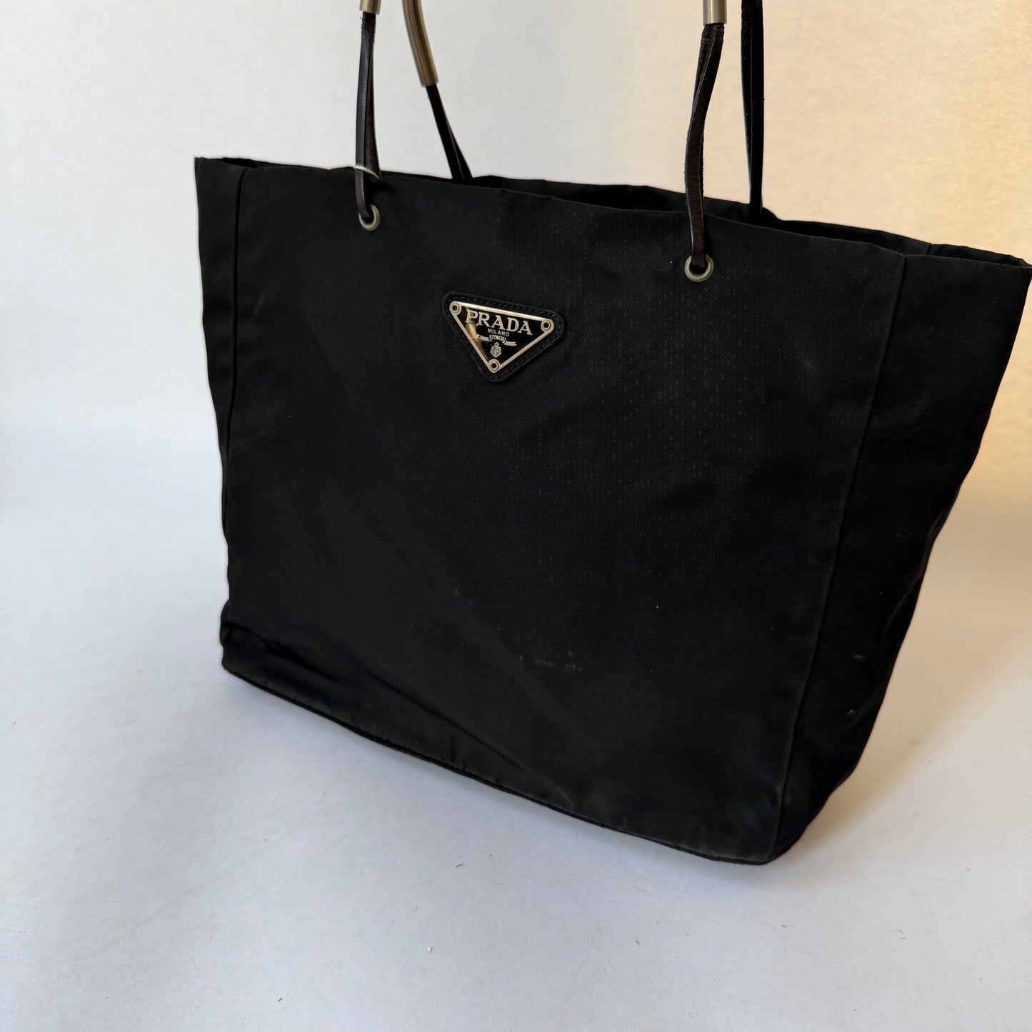 Prada Black Nylon Metal Handle Tote Bag