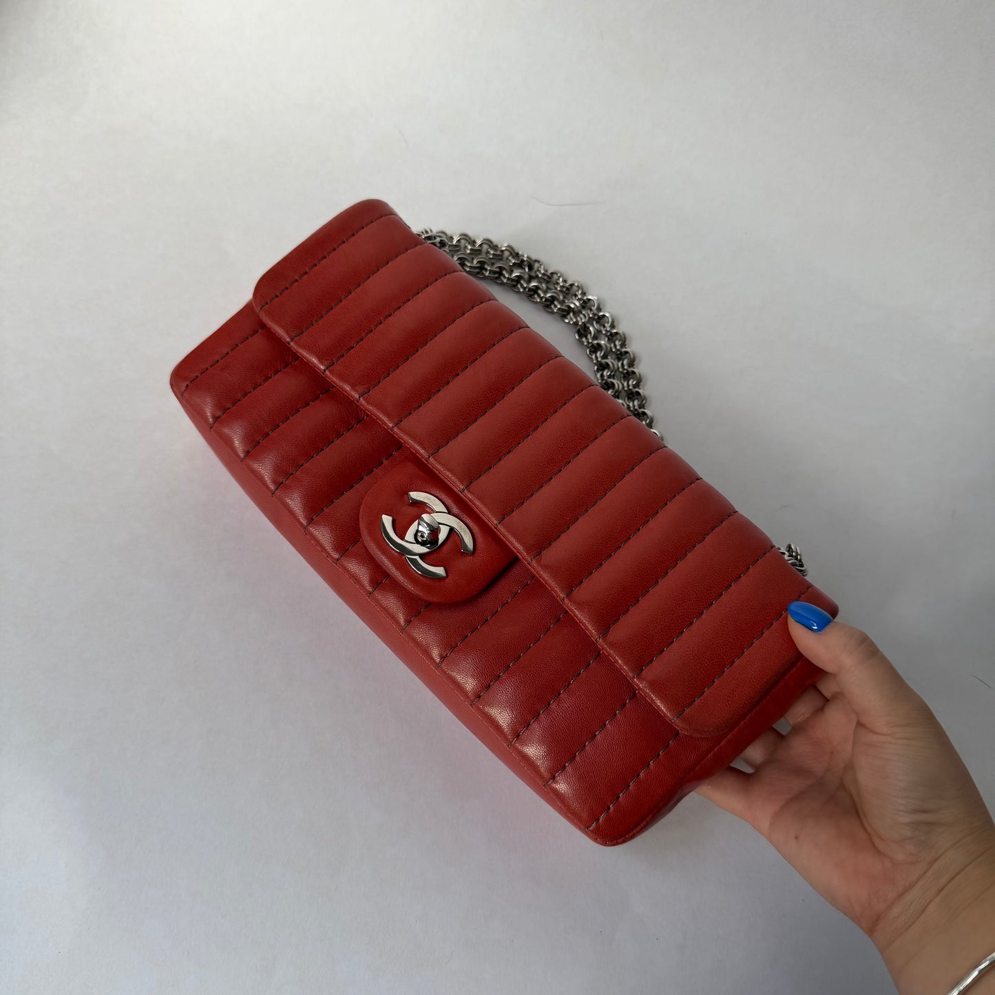Chanel Red East West Vertical Quilted Bijoux Chain Flap