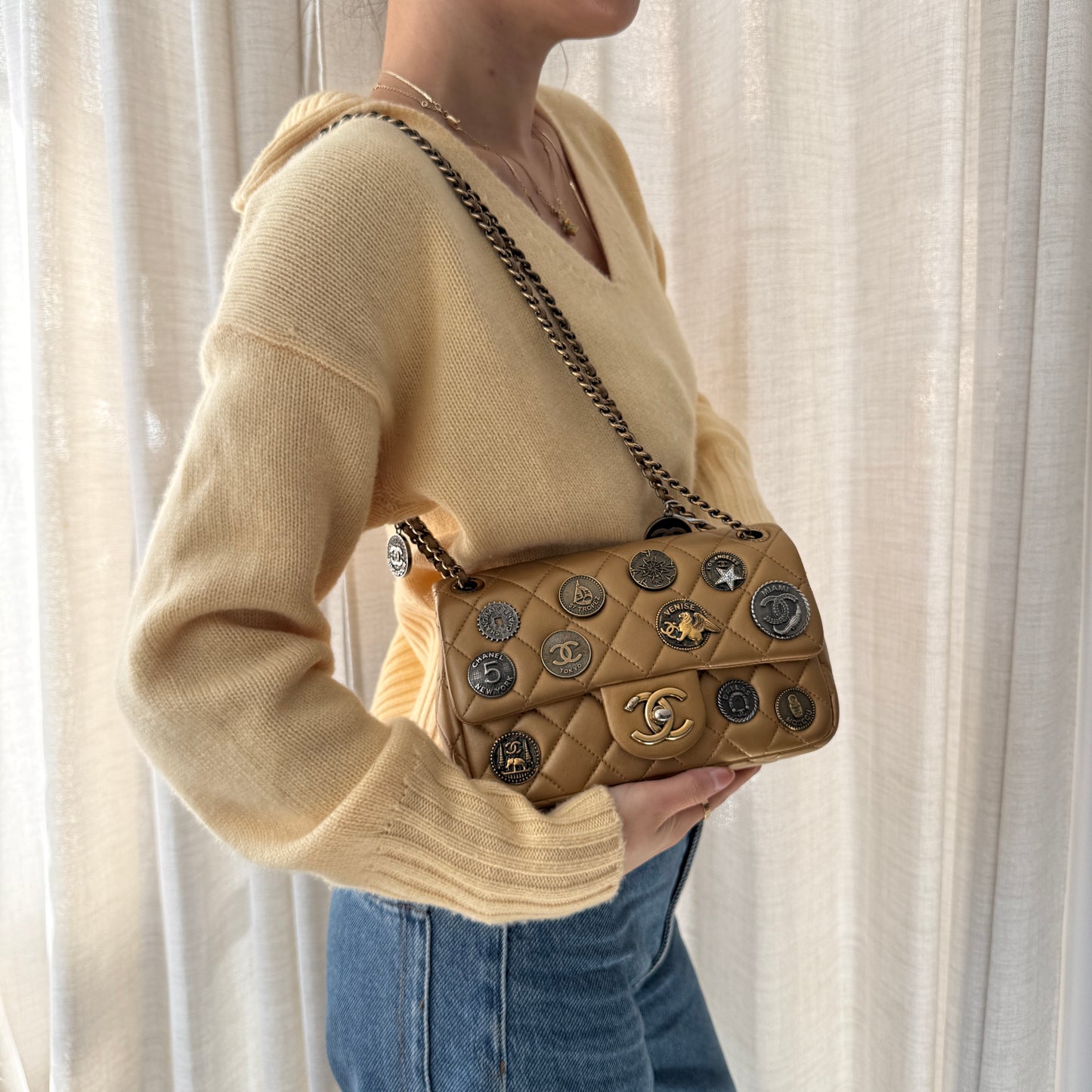Chanel 2006 Metallic Gold Lambskin Leather Coin Medallion Mini Single Flap