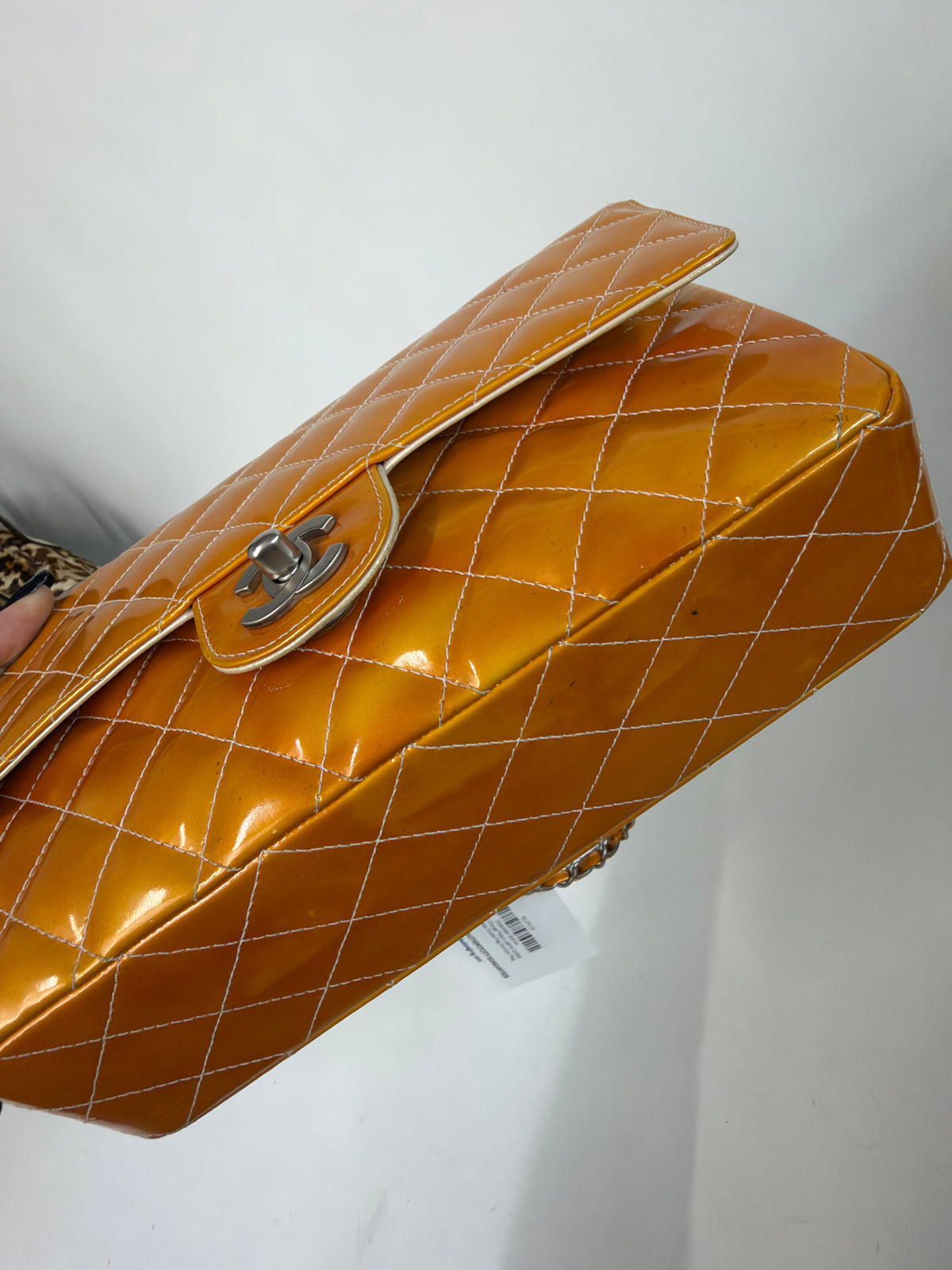 Chanel Orange Patent Leather Quilted Matelasse Double Flap Shoulder Bag