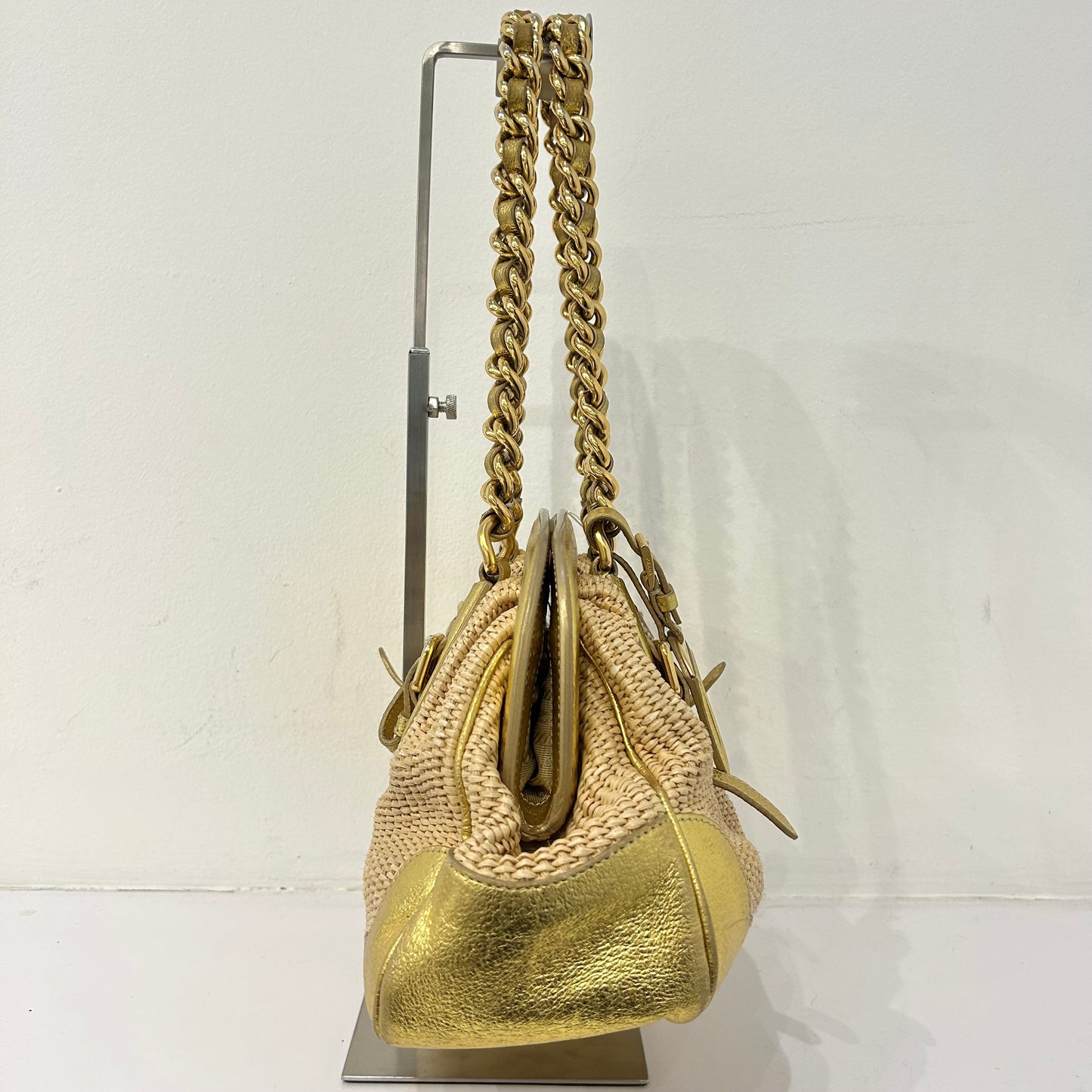Prada Gold & Beige Raffia Chain Shoulder Bag