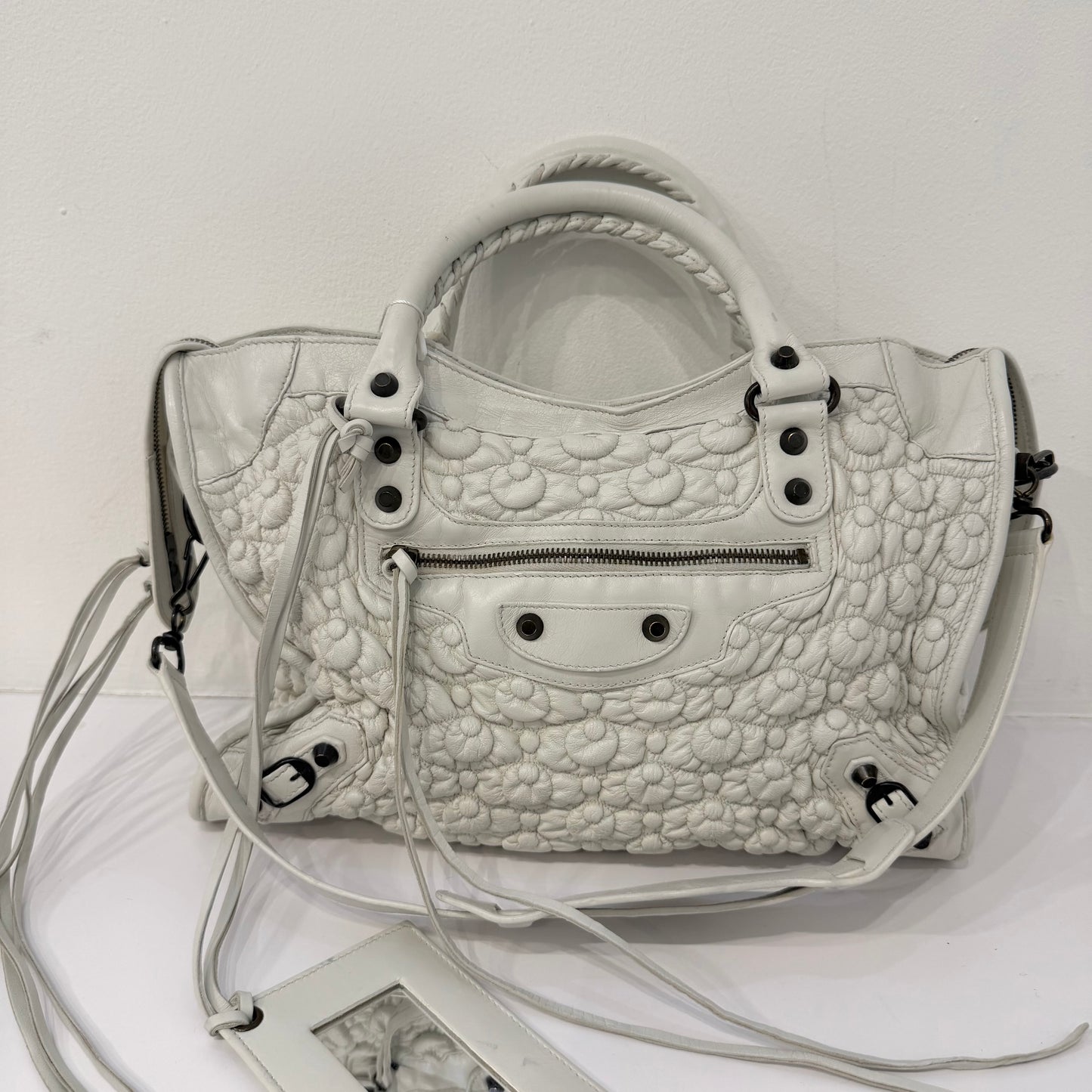 RARE Balenciaga White Leather Bubble Quilted City Bag