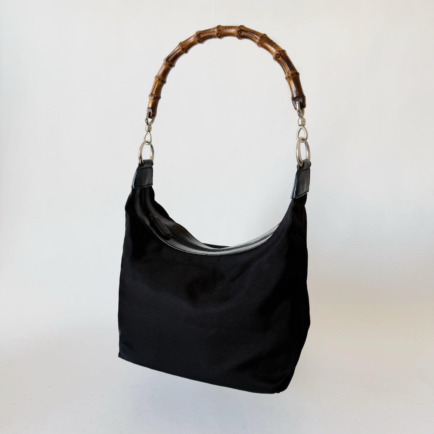 Gucci Tom Ford Era Black Nylon Shoulder Bag w/ Bamboo Handle