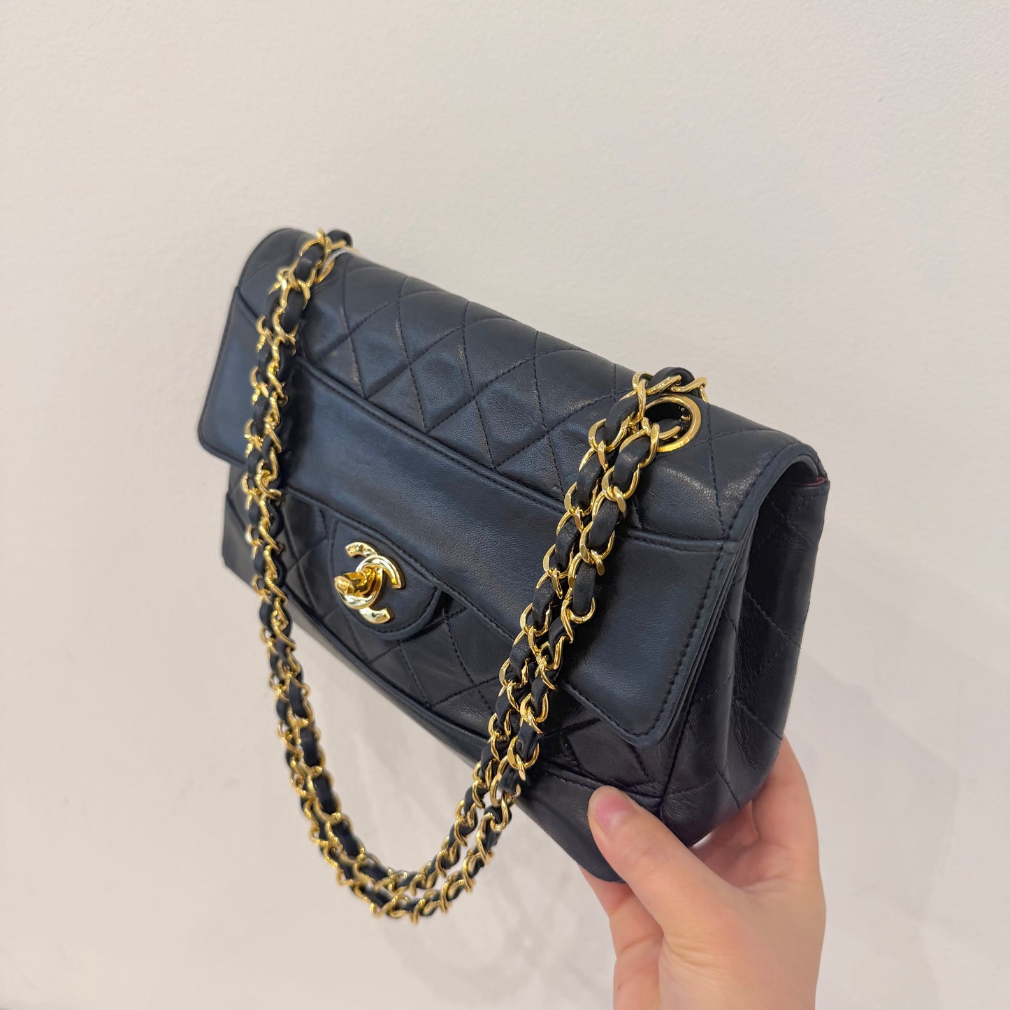 Chanel 1989 Navy Black Lambskin Leather Double Chain Matelasse Diana Flap Bag w/ Wallet