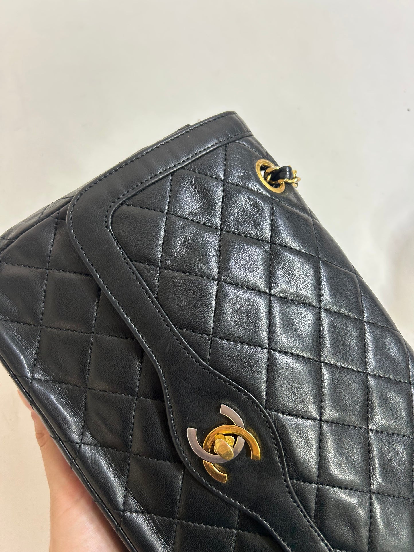 Chanel Black Lambskin Leather Quilted Paris Exclusive Two-Tone Double Flap