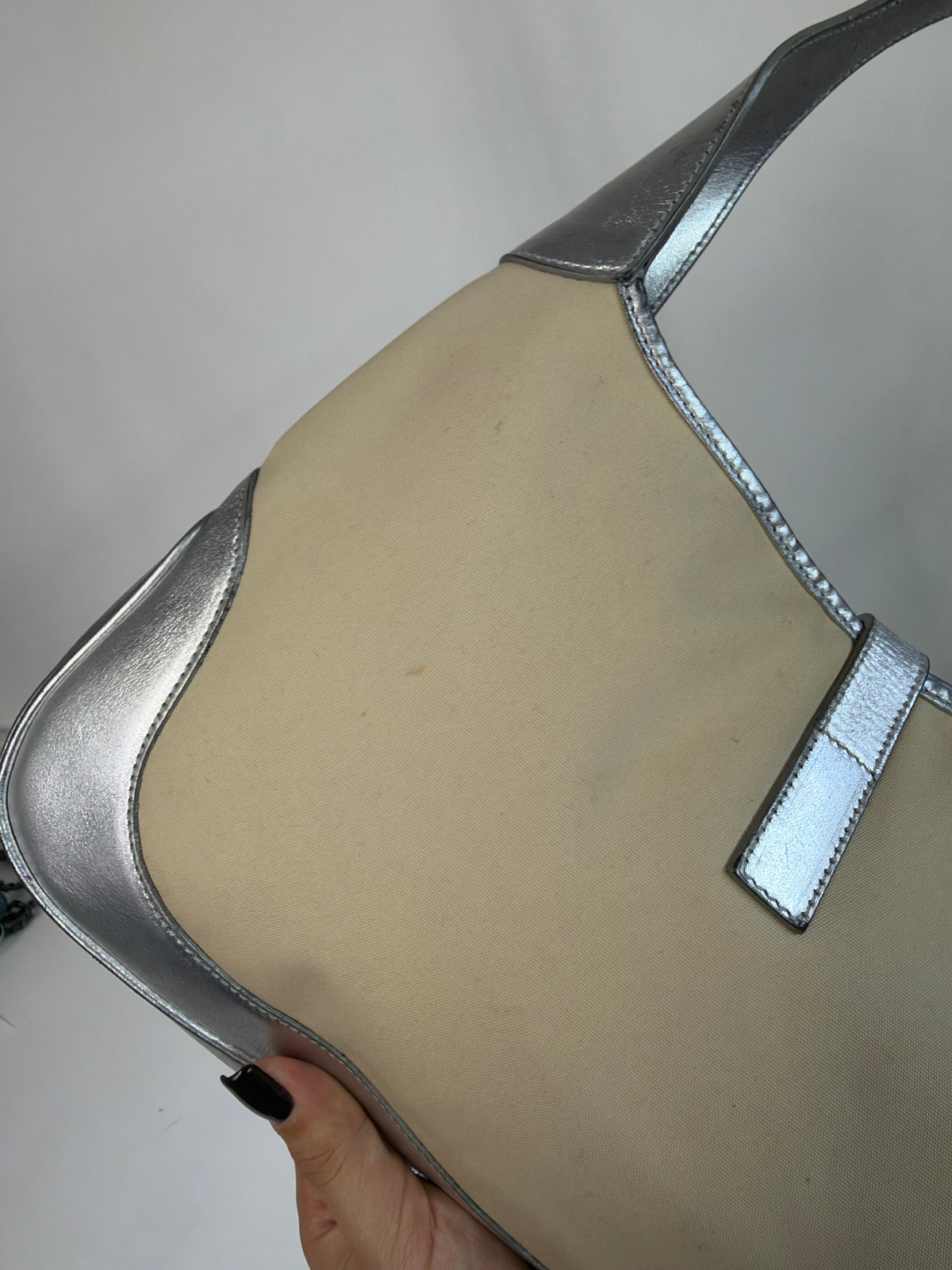 Gucci Beige Canvas & Silver Leather Jackie Bardot Shoulder Bag