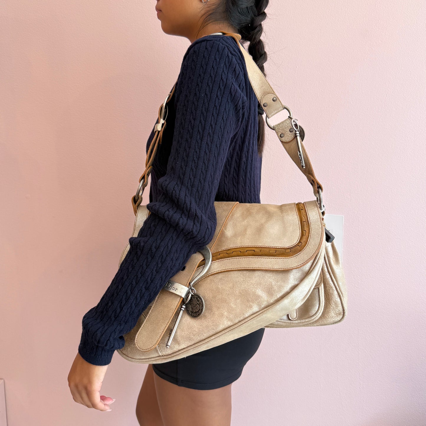 Chrisitian Dior Cream Metallic Gaucho Shoulder Bag