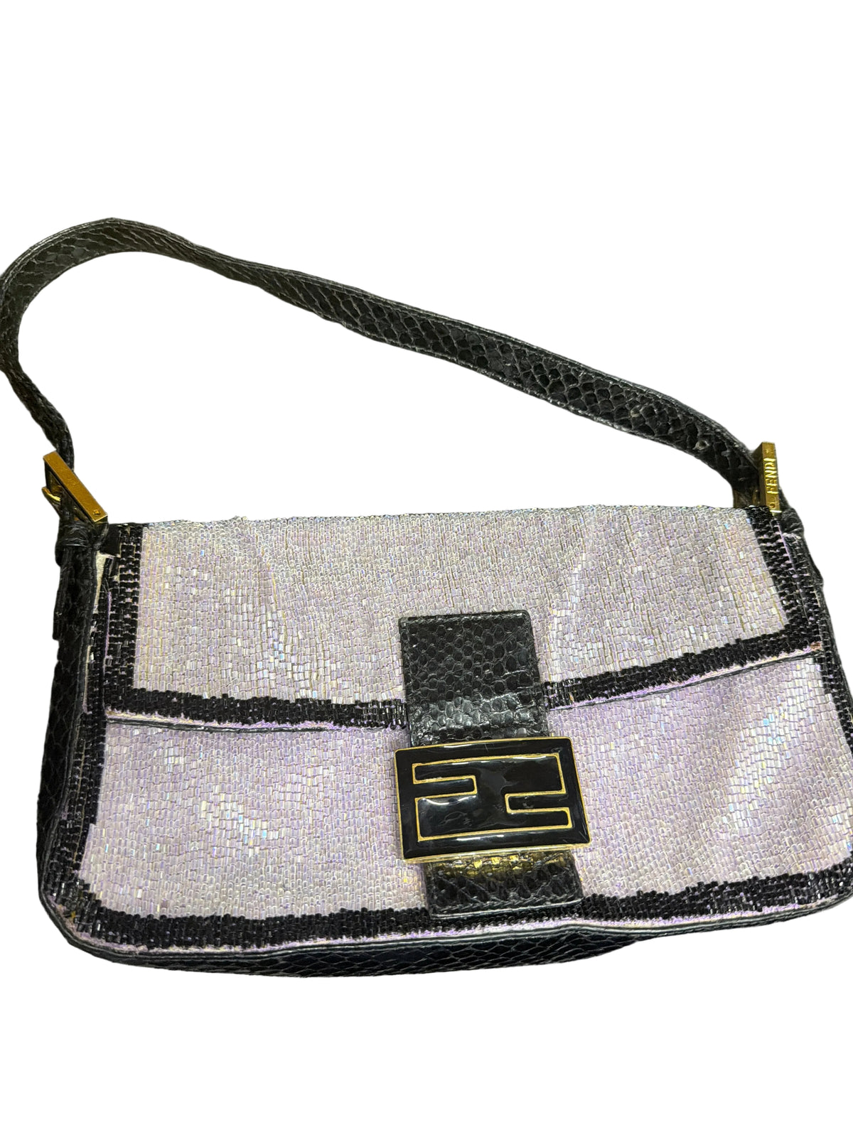RARE Fendi Lilac & Black Beaded Baguette Shoulder Bag w/ Black Python Hardware