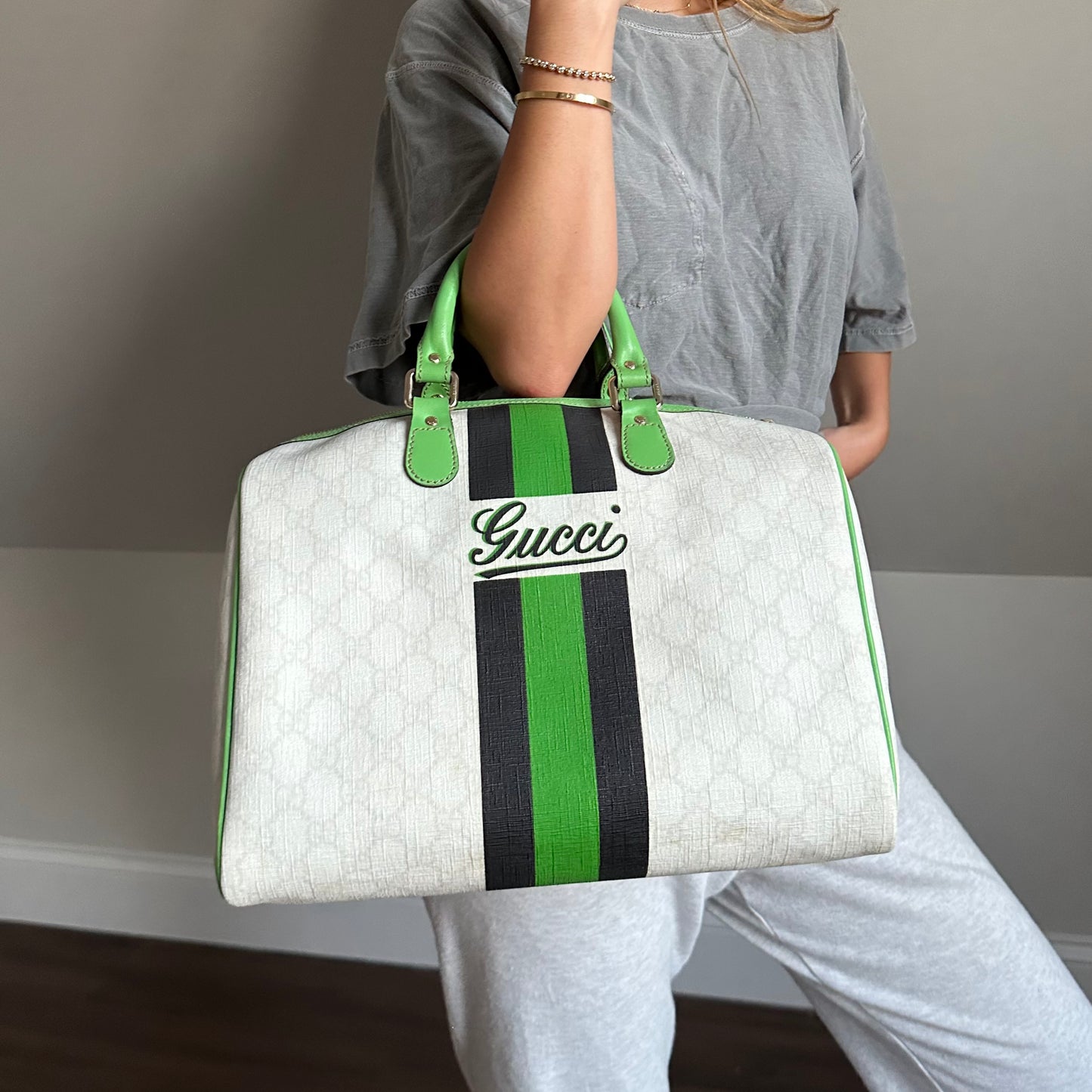 Gucci White Monogram Green Web Stripe Large Boston Bag