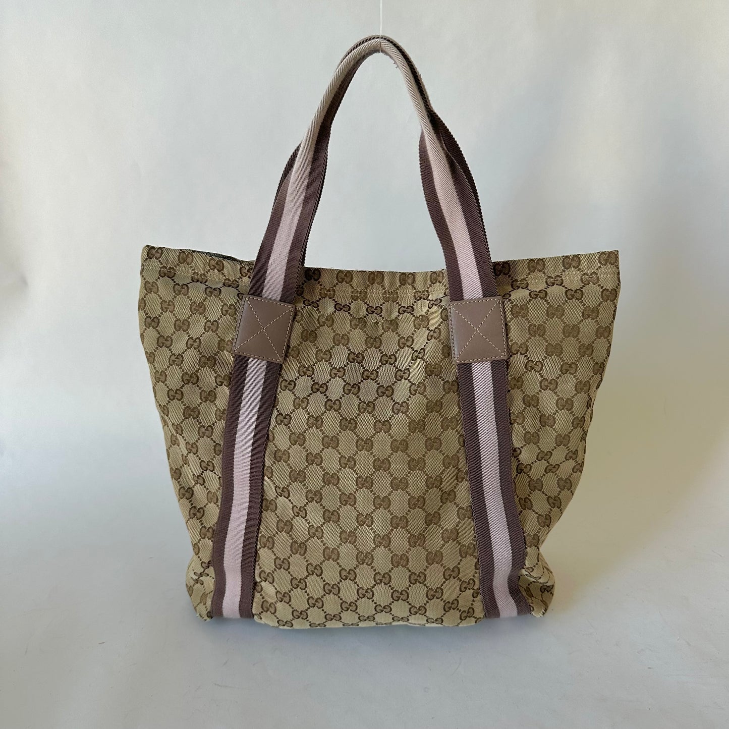 Gucci Brown Monogram Tote W/ Lilac Web Stripe