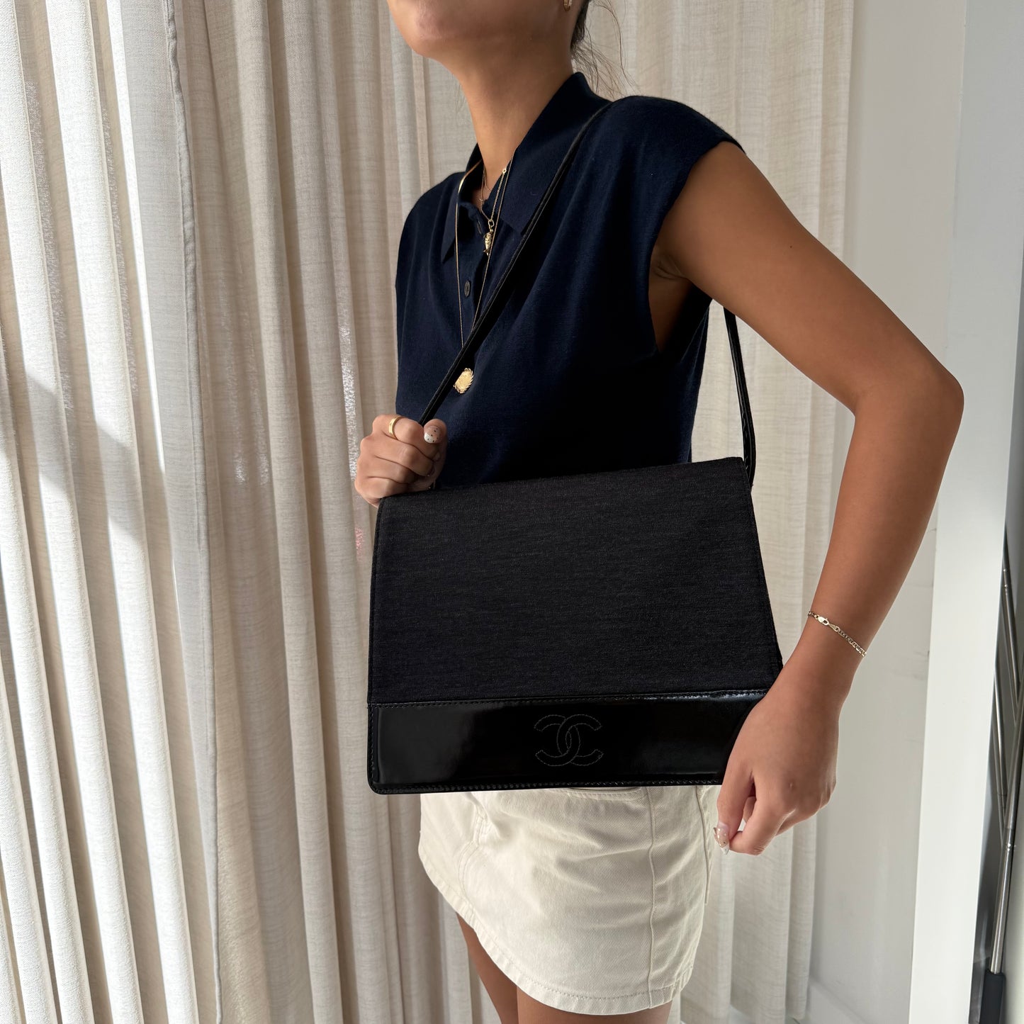 Chanel Black & Gray Jersey Shoulder Bag w/ Patent Leather