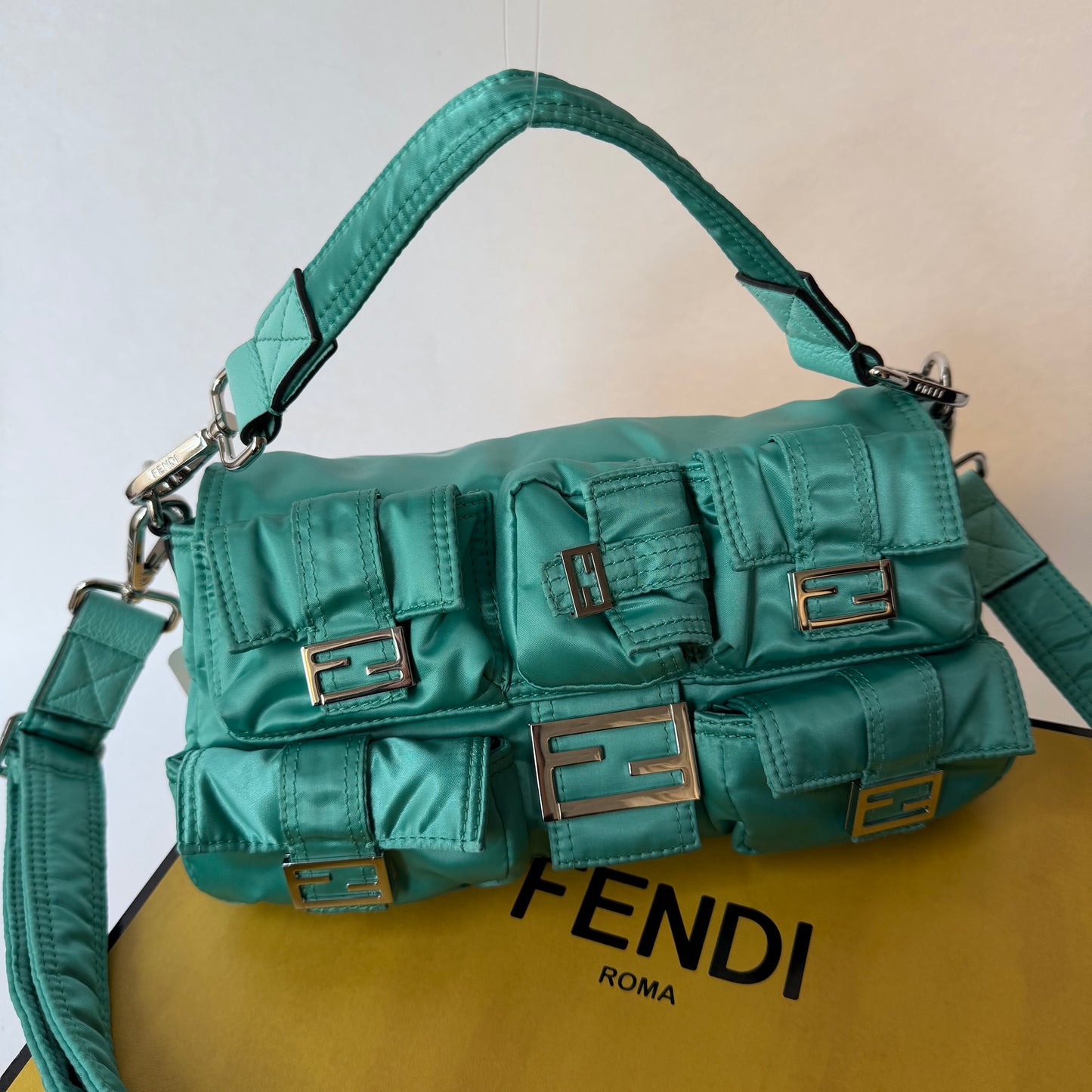 Fendi AW22 Multi Pocket Teal Nylon Baguette