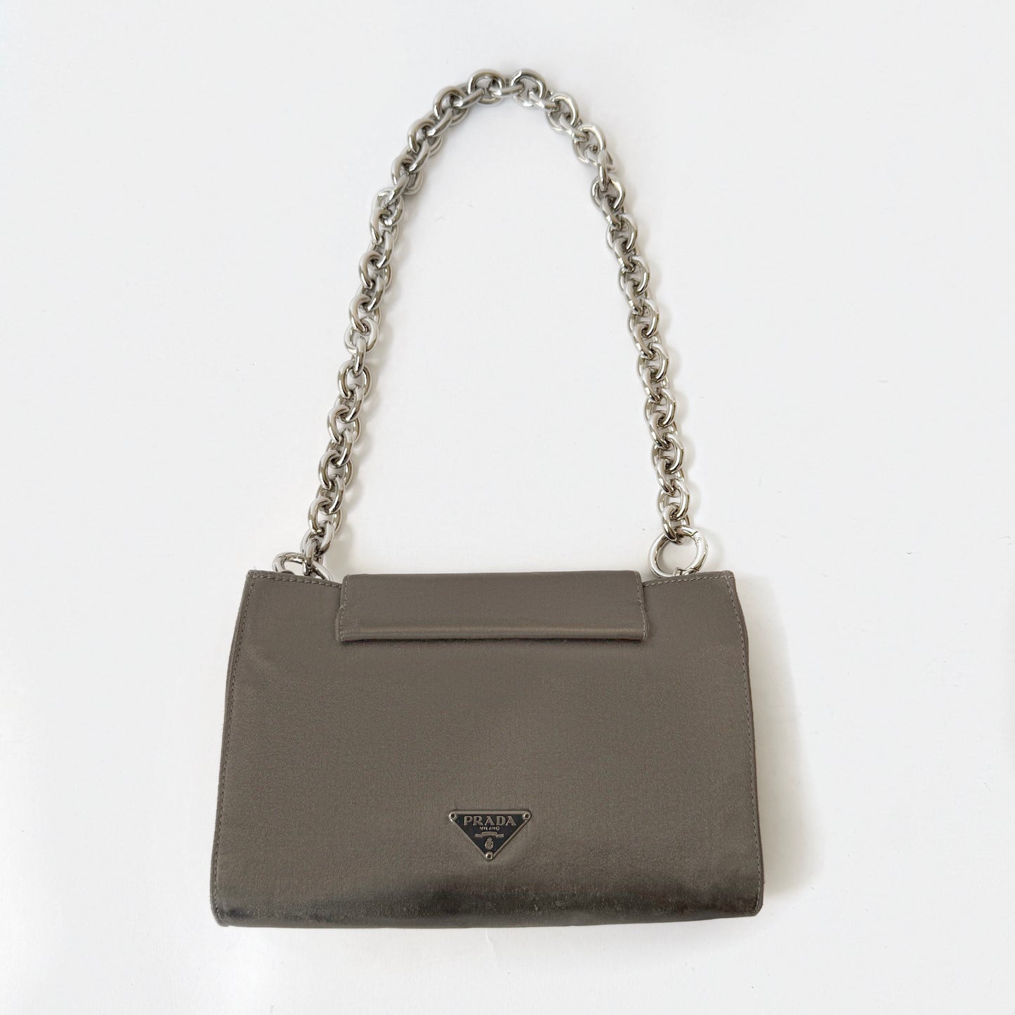 Prada Gray Satin Clutch w/ Chunky Chain Strap