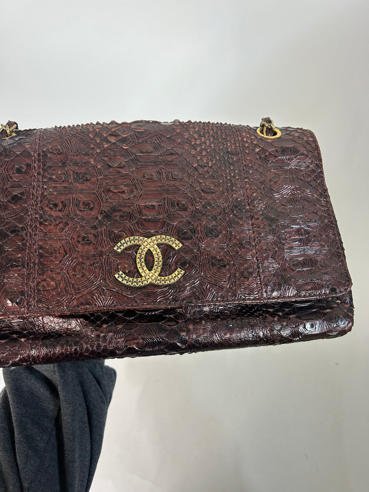 RARE Chanel Burgundy Tortoise Printed Python Shoulder Bag