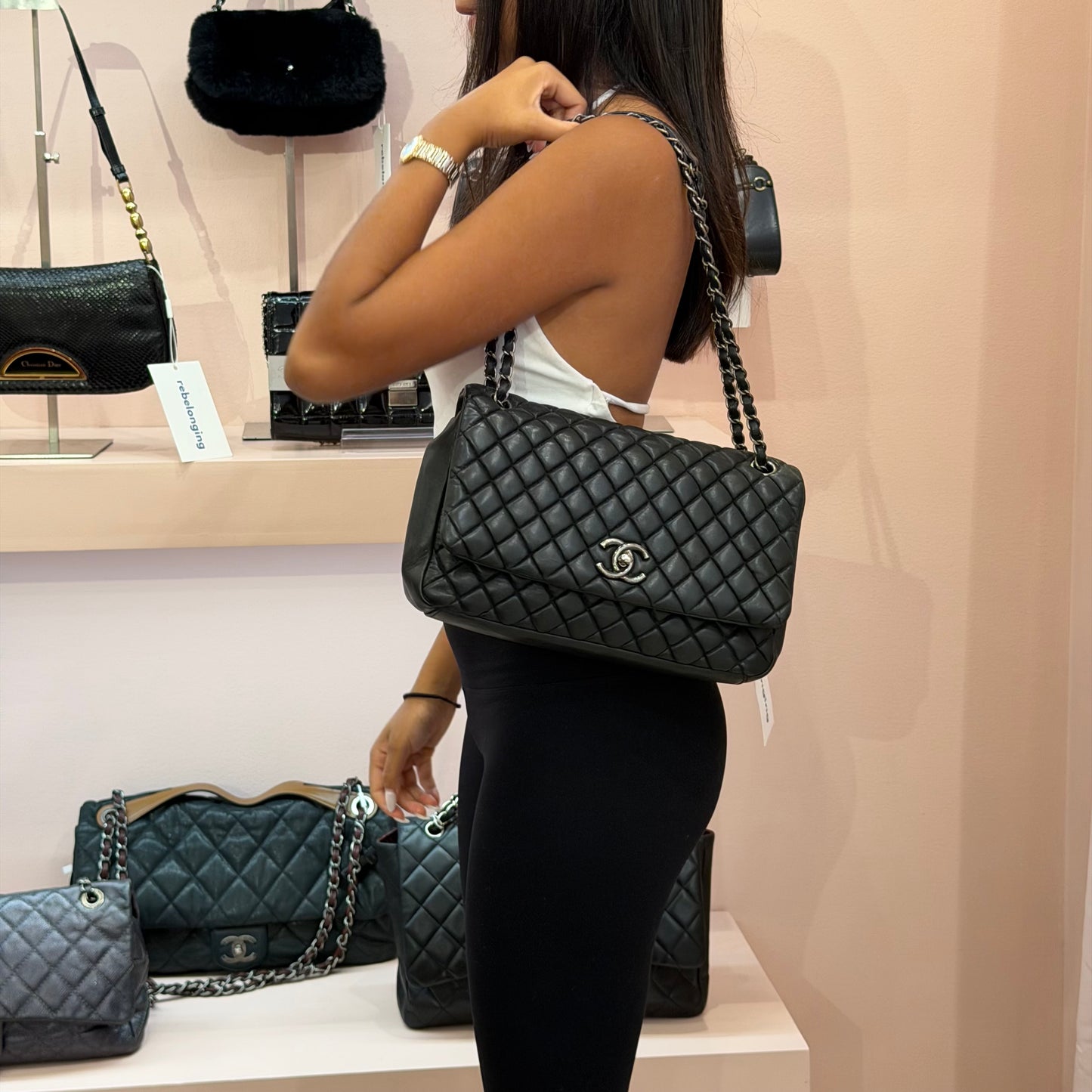 Chanel Black Lambskin Leather Mini Quilted Flap SHW