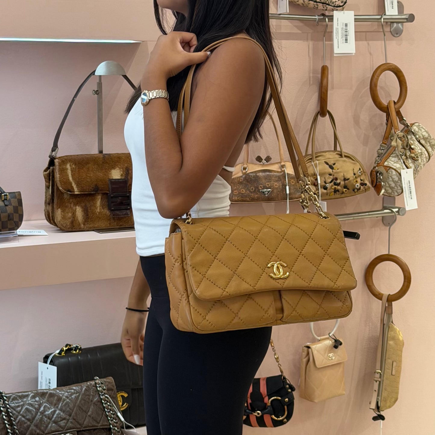 Chanel Beige Calfskin Leather Quilted CC Straight Flap