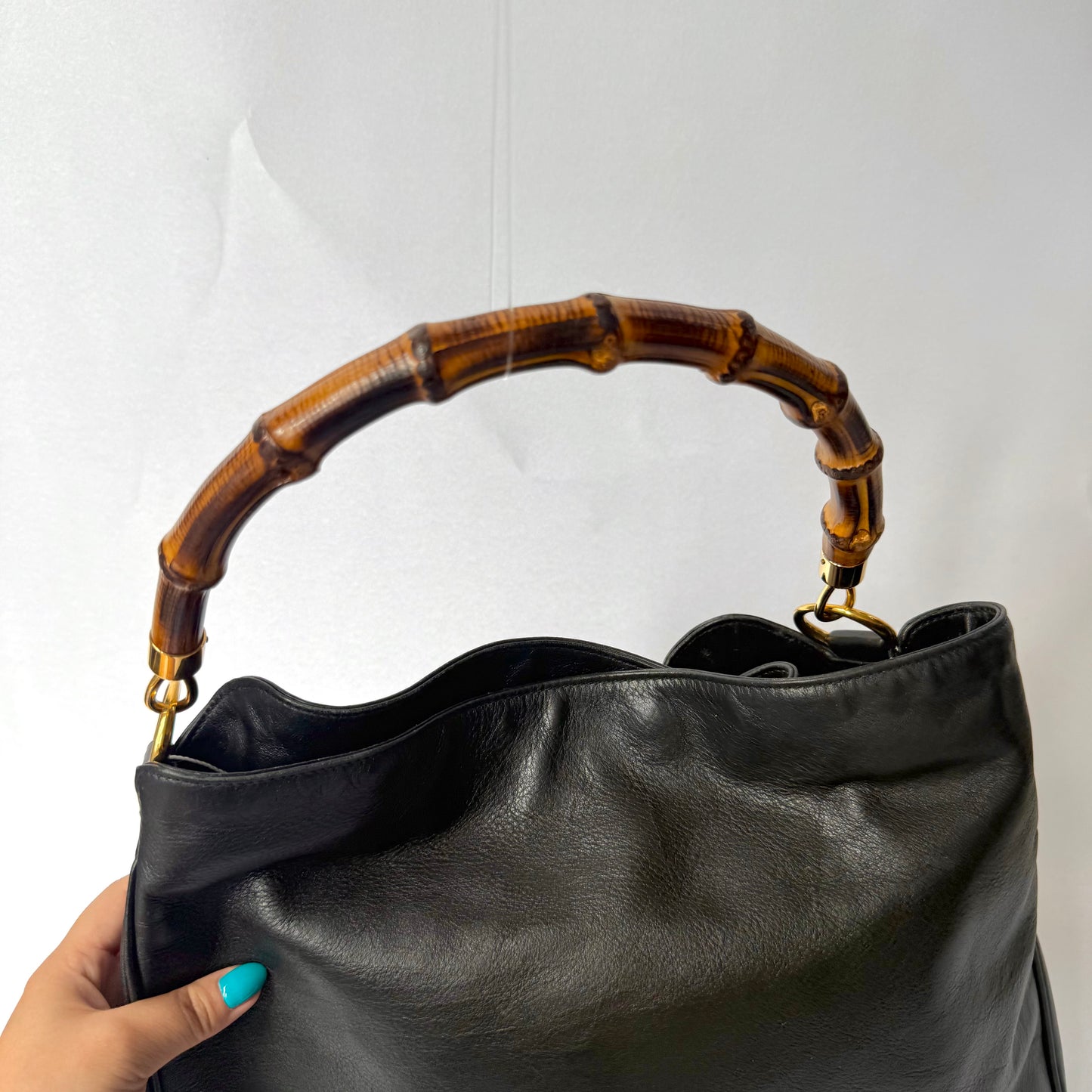Gucci Black Lambskin Bamboo Handle Shoulder Bag