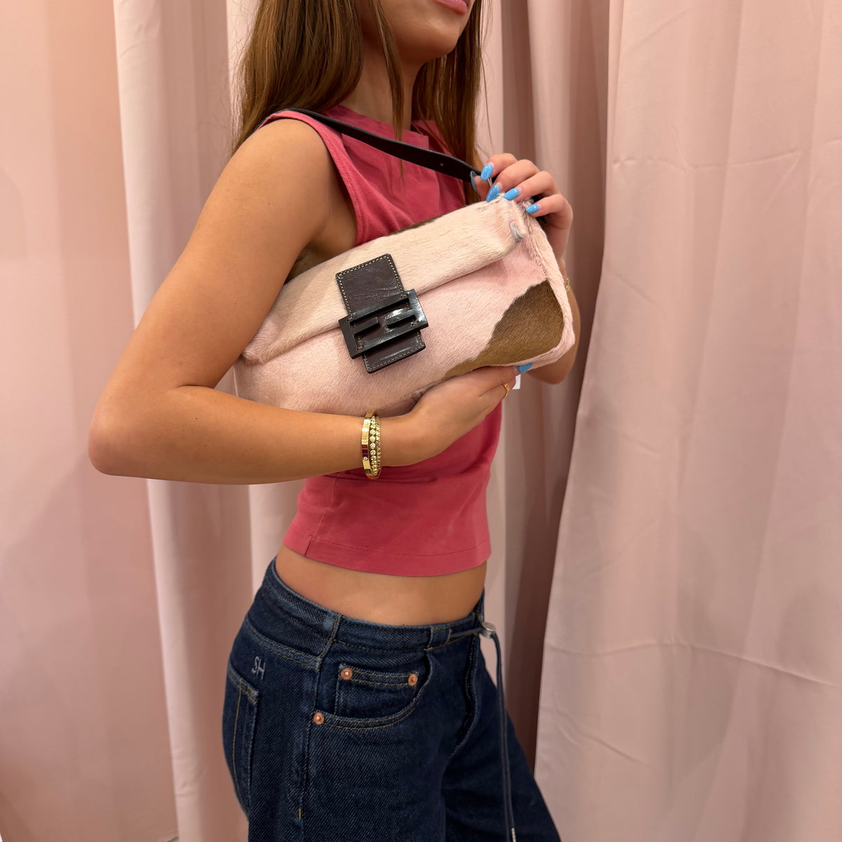 Fendi Pink Ponyhair Cow Printed Baguette Shoulder Bag