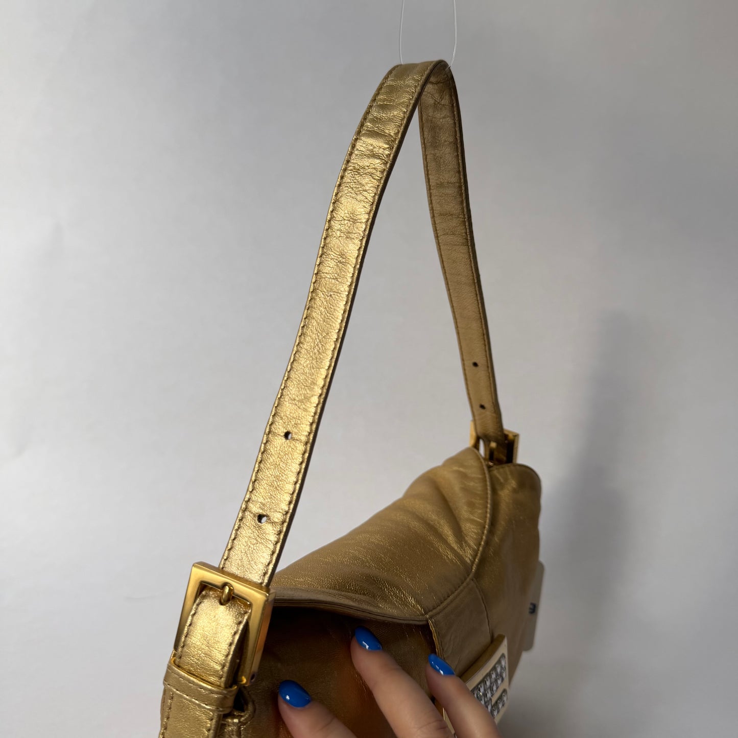 Fendi Gold Metallic Leather Rounded Baguette Shoulder Bag