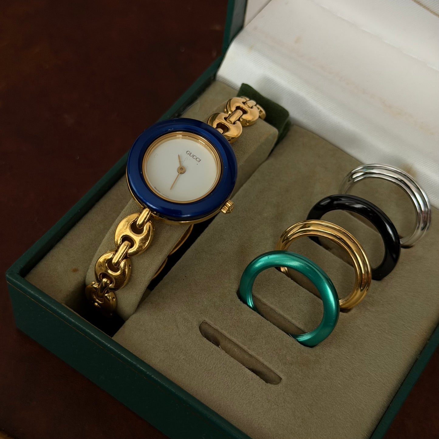 Gucci Gold Mariner Link White Dial Bezel Watch w/ 5 Bezels