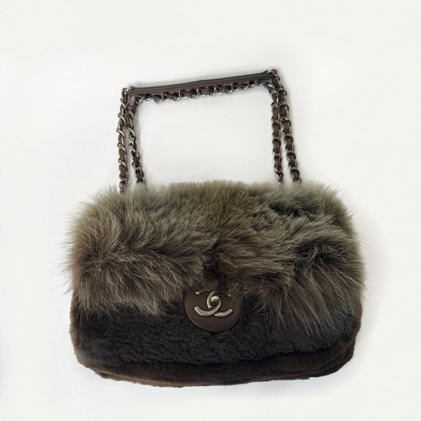 Chanel 2013 Green Ombre Fur Single Large Flap