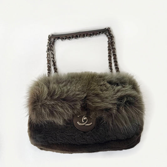 Chanel 2013 Green Ombre Fur Single Large Flap