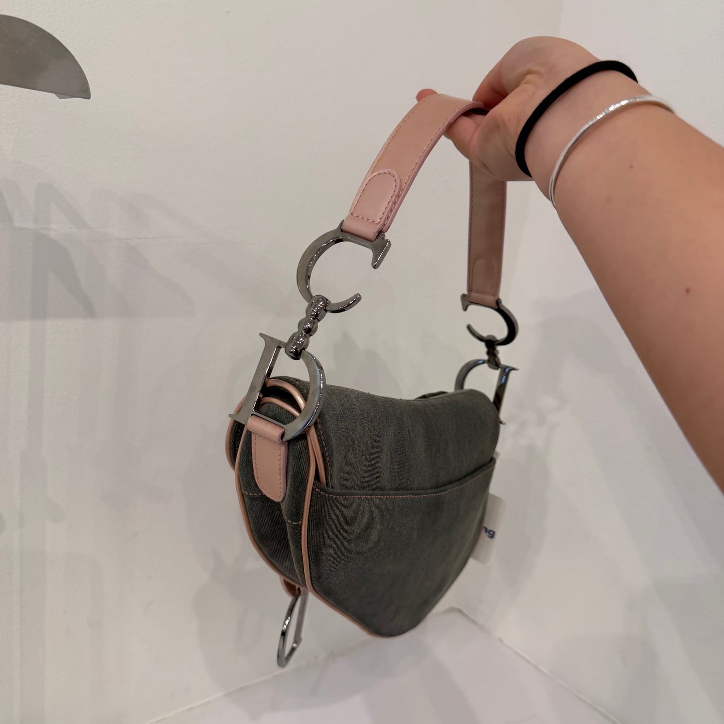 Christian Dior Gray Denim & Pink Patent Leather Saddle Shoulder Bag