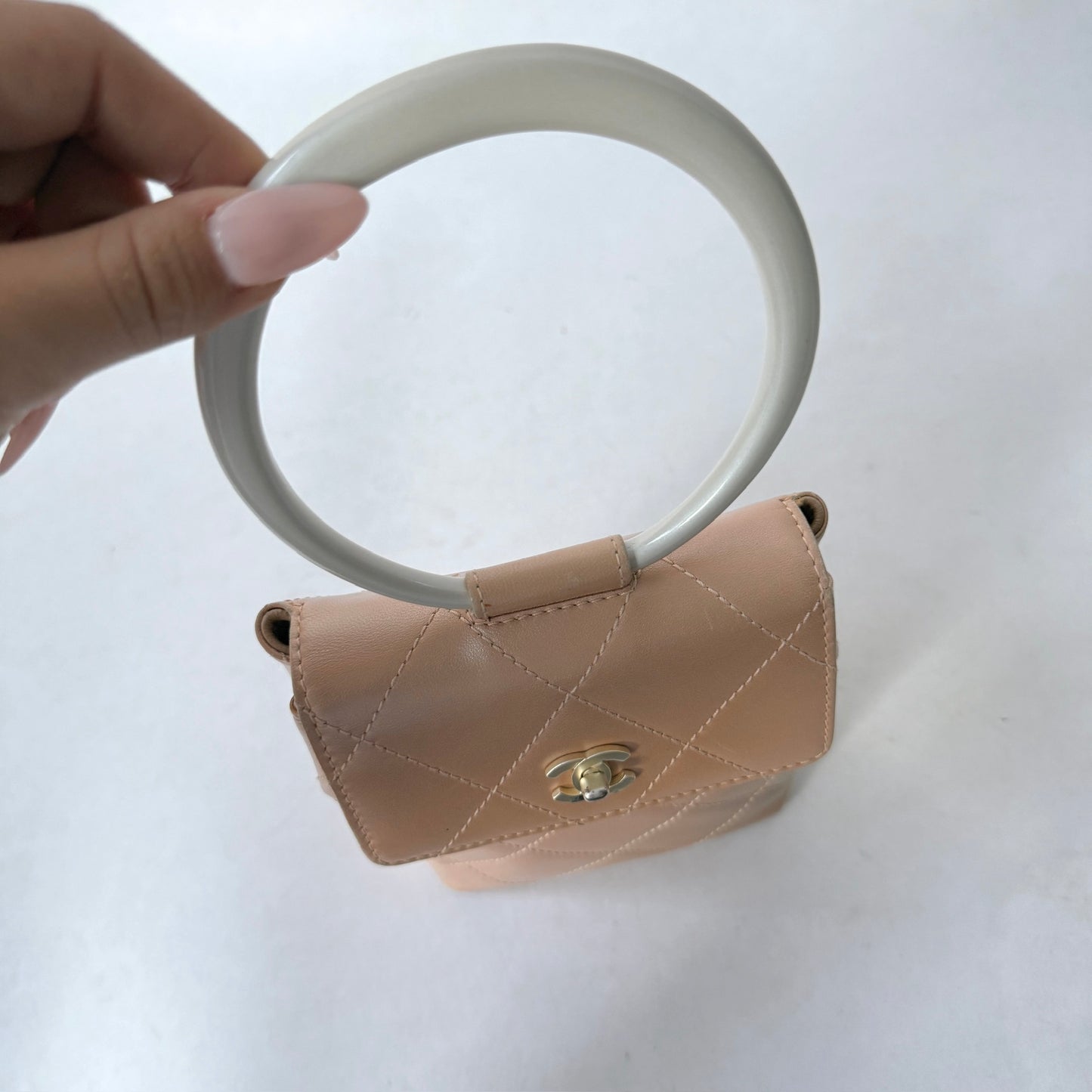 Chanel Pink Lambskin Leather Quilted Ring Top Handle Bag