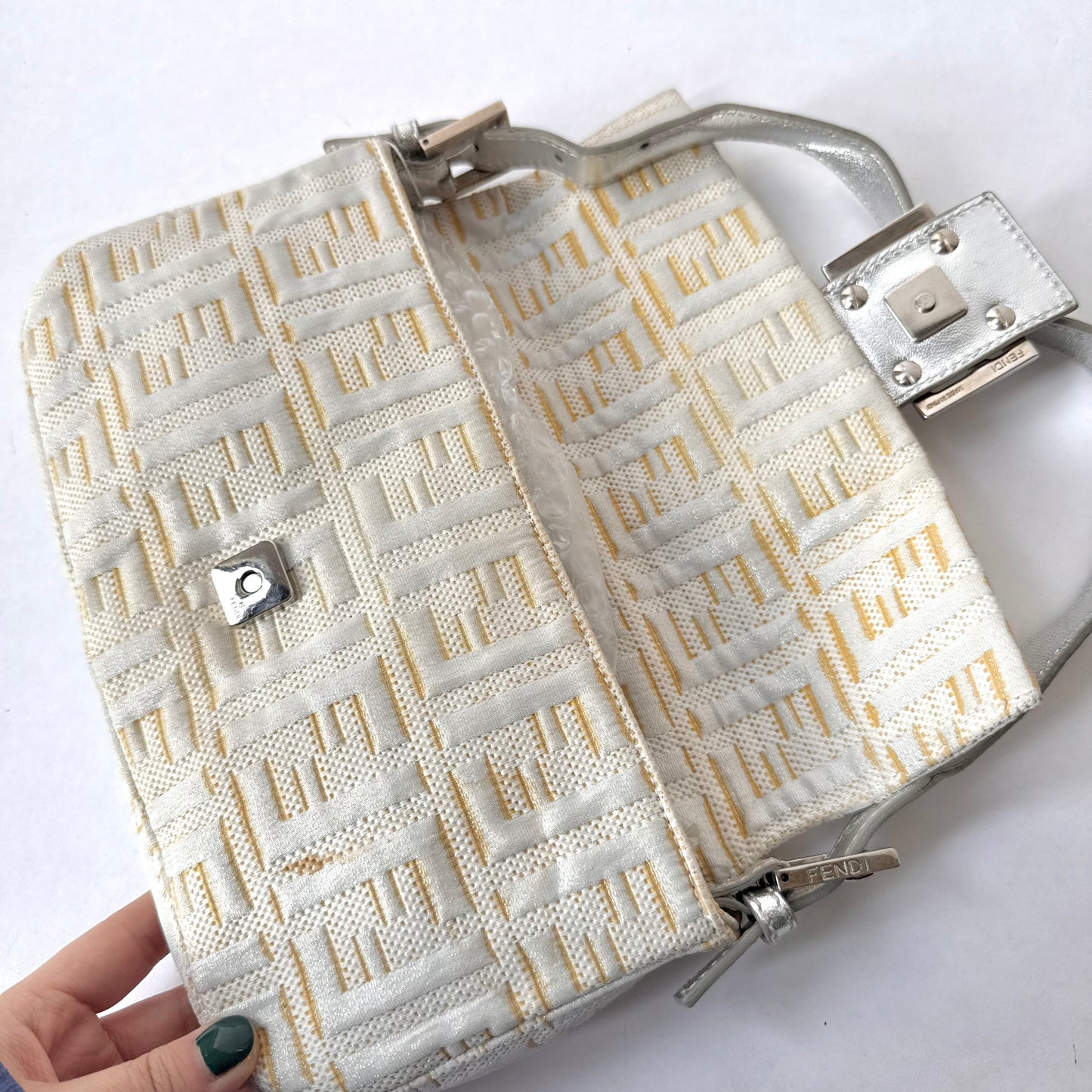 Fendi Cream Metallic Zucca Canvas Baguette Shoulder Bag