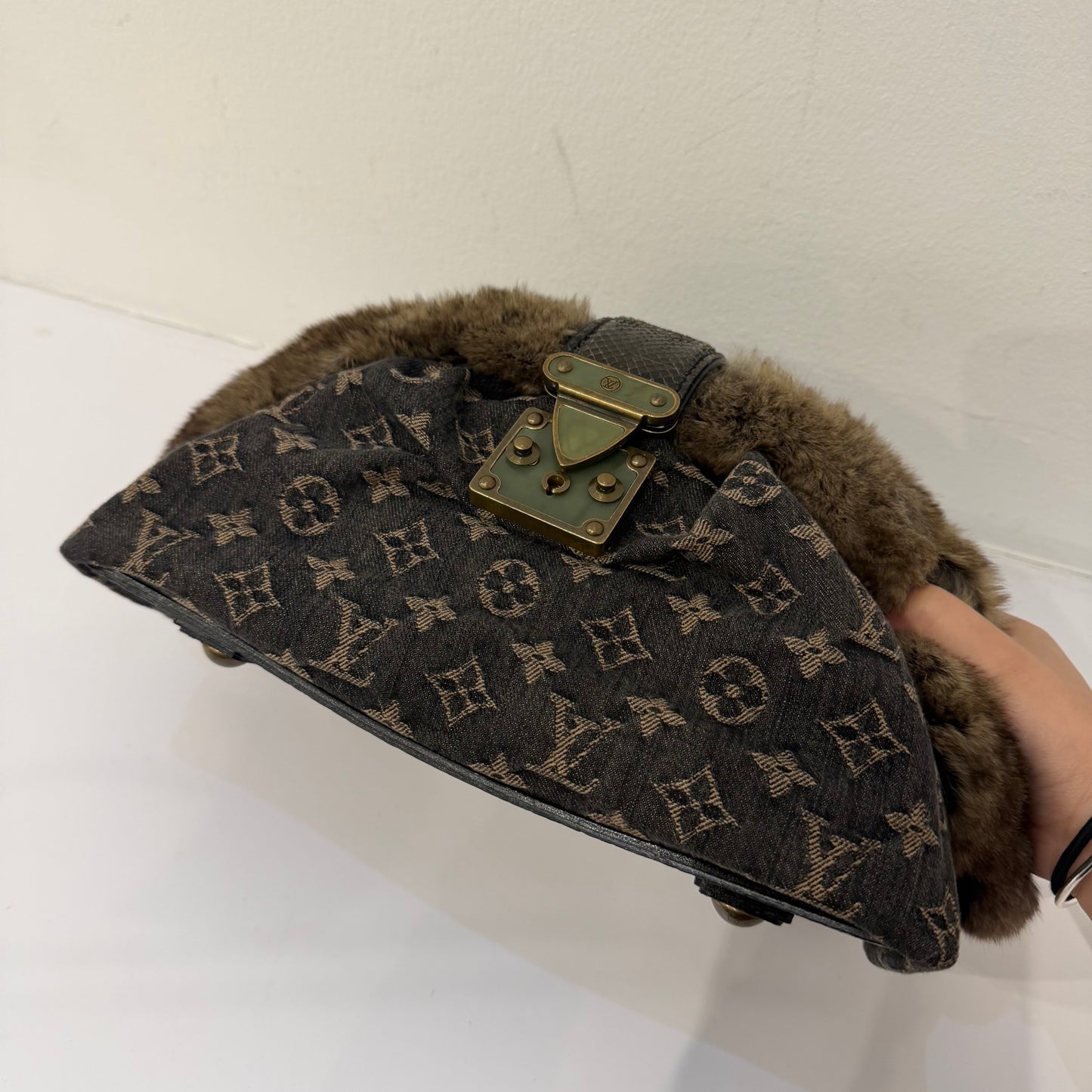 Louis Vuitton Brown Monogram Denim Chinchilla Demi Lune Bowler Bag