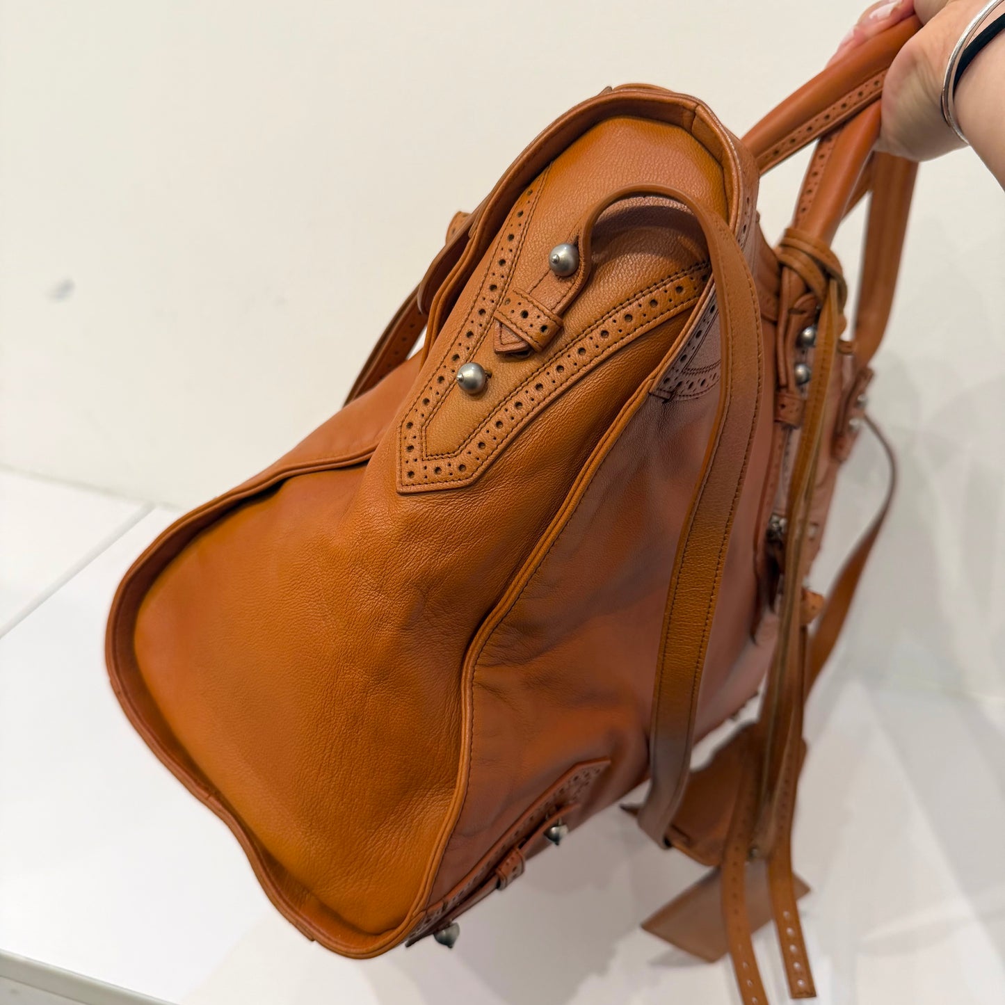 Balenciaga Ltd Edition Congac Lambskin Leather Riva Brogue Trim City Bag