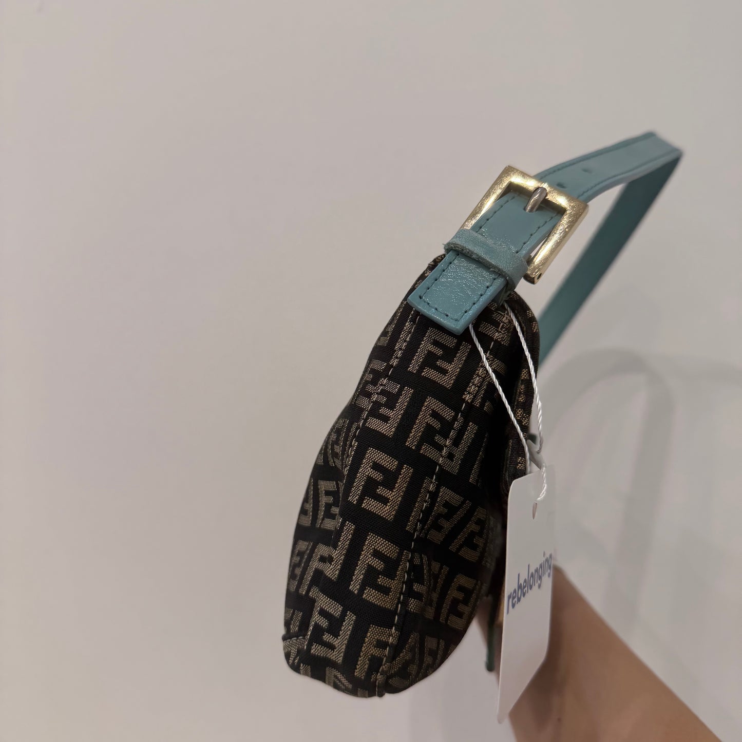 Fendi Black Zucchino Canvas & Teal Leather Baguette Shoulder Bag