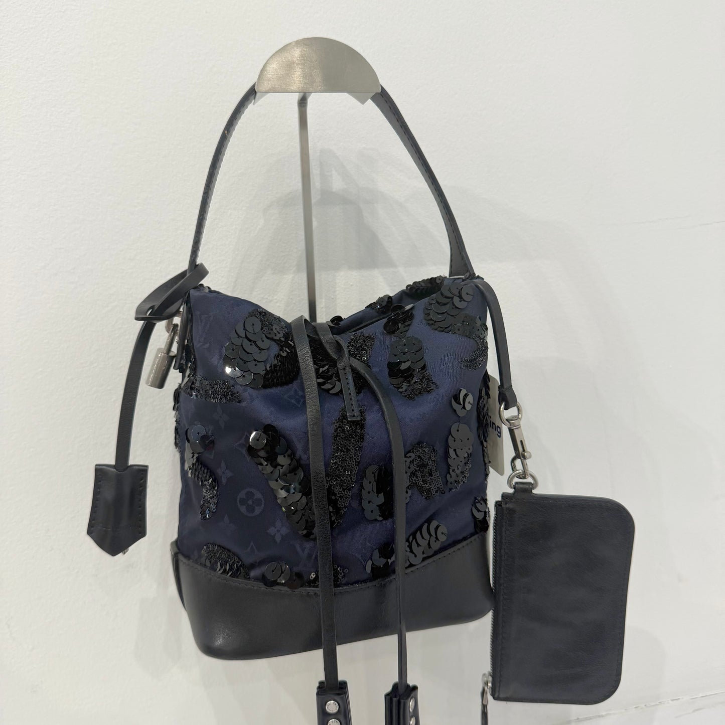 Louis Vuitton Navy Satin Monogram Spotlight PM Black Sequin Bucket Bag